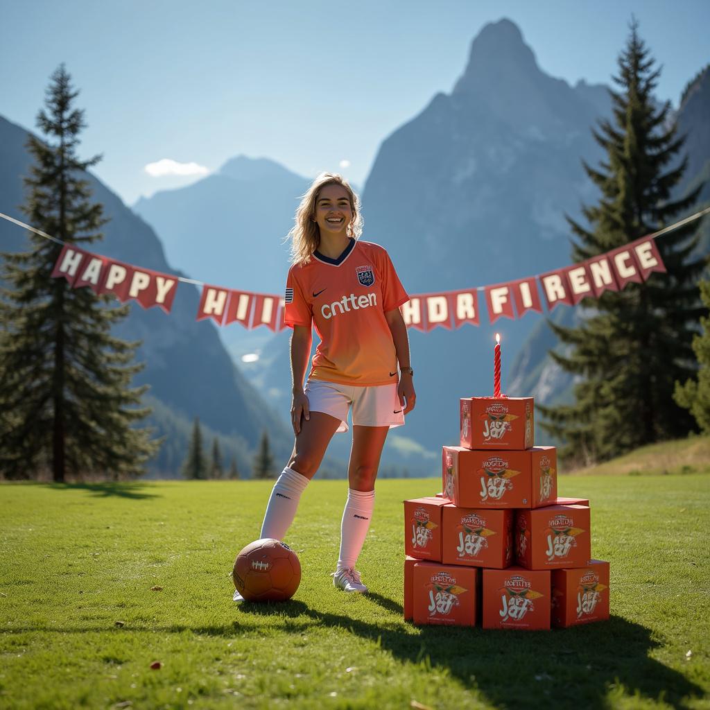 Florence stands grinning on a lush green football pitch surrounded by towering mountains under a bright blue sky. She's wearing her favorite football kit, echoing the colors of a lesbian pride flag with shades of pink, orange, and white, subtly integrated into the jersey's design. In the background, a sizable 'Happy Birthday Florence' banner is strung between two alpine trees. A football with her name elegantly inscribed on it sits at her feet, while her hand rests on a pile of Jaffa cake boxes that have been playfully arranged to resemble a tiered birthday cake, complete with a candle on top.
Generated with these themes: Lesbian, Football, Mountains, and Jaffa cakes.
Made with ❤️ by AI.