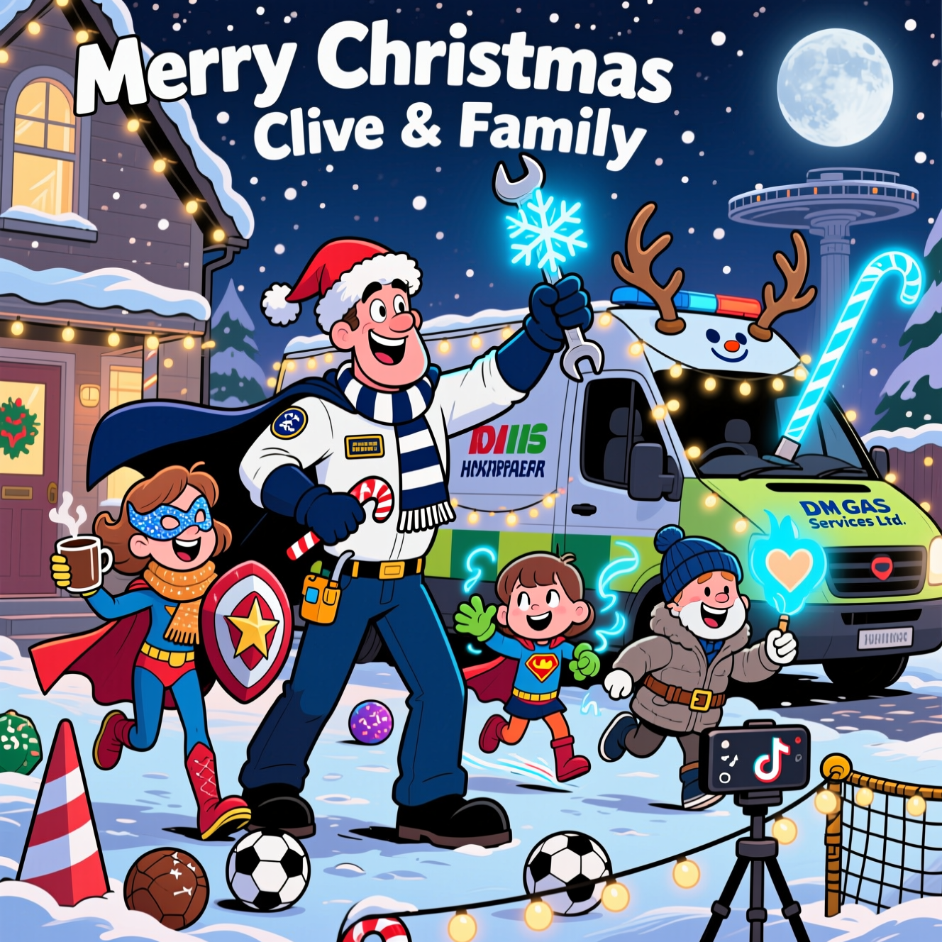 At the top of the Cartoon Style image, Merry Christmas Clive & Family

Playful, funny Christmas cartoon with exaggerated proportions, thick black outlines, and bright, saturated colors. A snowy, twinkling winter evening outside a cozy house. Center stage: a jolly gas service engineer dad in a Santa hat and navy-and-white Tottenham Hotspur scarf swirling like a superhero cape. He’s hero-posing with a candy-cane wrench and a glowing blue flame shaped like a snowflake in his gloved hand. His festive work van is wrapped in fairy lights, antlers on the mirrors, and clearly labeled on the side and his jacket patch: “DM GAS Services Ltd”.

Around him, his family:
- Kelly, laughing and cheering, holding a steaming cocoa, wearing a glittery superhero-style mask and a warm scarf.
- Millie and Bailey strike over-the-top superhero poses: one with a star-emblem shield and cape (Marvel vibe), the other in comic-style gloves with energy swirls.
- Harrison zooms by in a puffy coat and Spurs beanie, dribbling ornament “footballs” past candy-cane cones toward a net of string lights.

Subtle fandom mash-up gags: a “space-saber” candy cane glowing icy blue leaned against the van; a moon in the sky with a faint sci‑fi station silhouette; comic-book action sparkles and speed lines (no extra text). A cheerful “boiler snowman” beside the van wears a tiny toolbelt and a Santa hat, puffing a harmless blue-flame breath shaped like a heart.

Near the family, a small tripod phone records a TikTok of their festive dance; on-screen UI icons show floating hearts and musical notes, featuring a smiling adult creator with dwarfism dancing joyfully (positive, respectful, inclusive), with hearts drifting from the screen toward the family.

Overall vibe: whimsical, energetic, heartwarming, and silly; bold, chunky shading, glossy highlights, and lots of sparkling snow and fairy lights.

Place a small ribbon banner near the bottom with one cheeky line of text: “Sleigh the leaks, spark the cheer!”
Generated with these themes: Being a gas service engineer with his own business called DM GAS Services Ltd, Supporting Tottenham Hotspur Soccer Team, Marvel movies, Star Wars Movies, His two daughters Millie and Bailey, his Son Harrison and his wife Kelly, Tiktoks about people with dwarfism, and .
Made with ❤️ by AI.