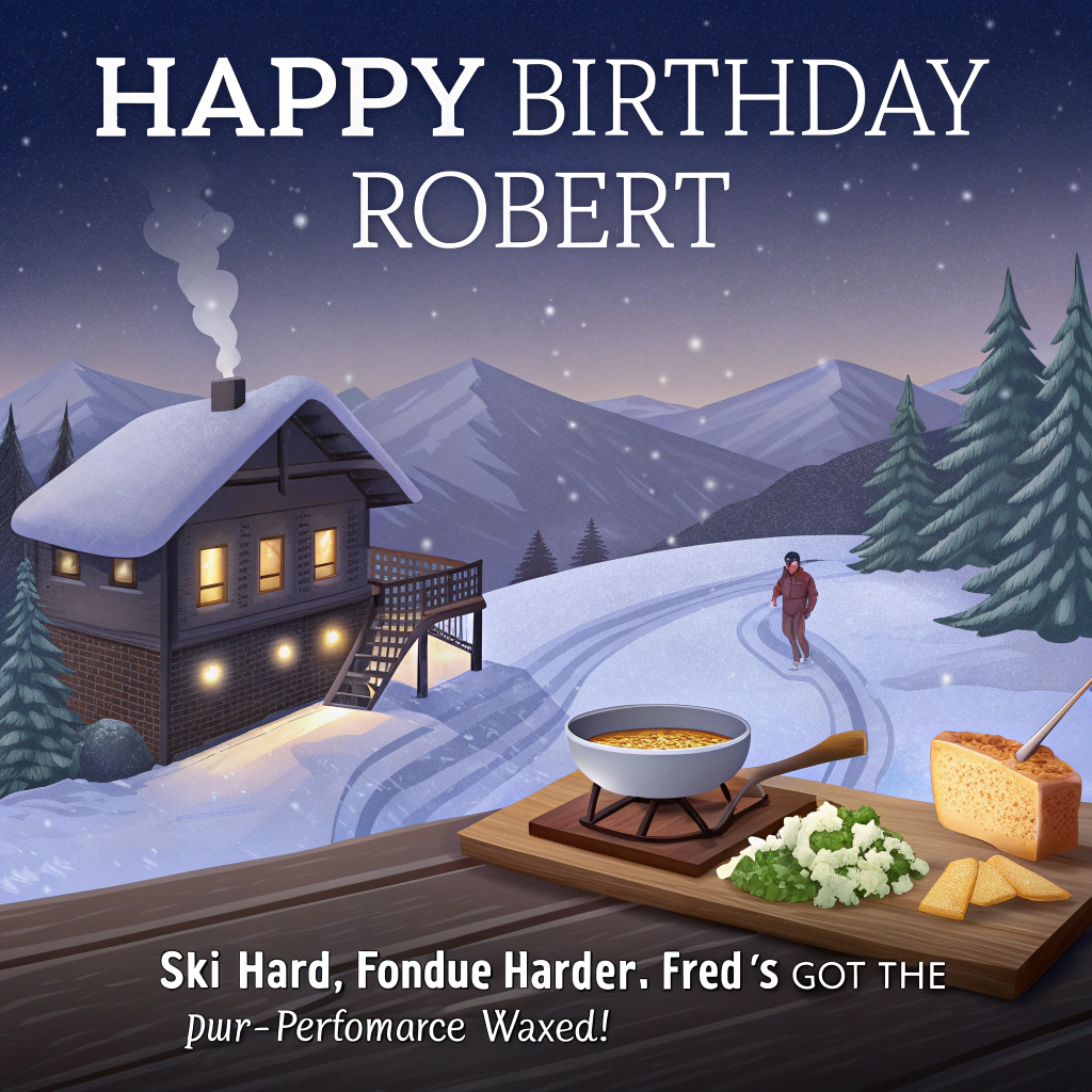 SKIING, BLACK CAT CALLED FRED, FONDUE, SPARKLERS, SNOW, and Birthday Card