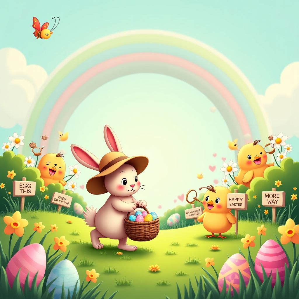 At the top of the cartoon image, "Mila, you're eggstra special—Happy Easter!"

A cheerful springtime cartoon scene featuring an adorable bunny wearing a floppy sun hat and carrying a woven basket overflowing with colorful Easter eggs. The bunny tiptoes through a lush green meadow dotted with daffodils, tulips, and tiny painted signs that read "Egg This Way!" and "No Yolk—More Eggs Here!" In the background, giggling chicks with detective hats use magnifying glasses to inspect bushes and flowerbeds, hunting for eggs with sparkles, patterns, and silly faces. A rainbow arches across the pastel sky with a hidden egg perched on top, and a butterfly flutters past holding a tiny flag that says “Hop to it!” The whole scene radiates joy, mischief, and springtime wonder.
Generated with these themes: Easter egg hunt.
Made with ❤️ by AI.