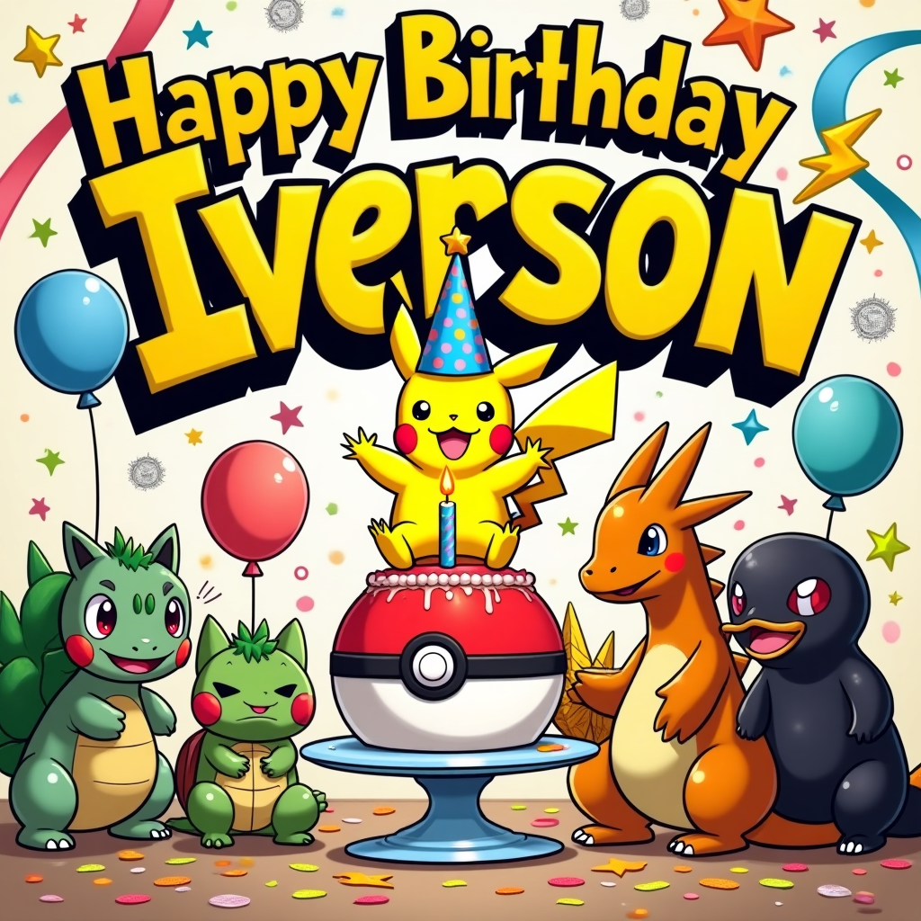 At the top of the Cartoon Style image, "Happy Birthday Iverson" in huge bubbly letters with a bold black outline and electric-yellow fill, sprinkled with confetti and tiny lightning-bolt accents.

A big, bright, funny Pokemon party scene bursting with energy: center stage, Pikachu in an oversized polka-dot party hat balances a giant Poké Ball cake, holding a sparking lightning-bolt candle; to the right, Charizard tries to gently blow out the candles but singes the frosting, while Squirtle sprays a comic water jet that arcs into a rainbow; foreground left, Jigglypuff gleefully doodles a curly mustache on a snoozing Snorlax; Bulbasaur’s vines wrangle a bunch of star and Poké Ball balloons; Psyduck toots a party horn backwards, looking adorably confused; Gengar photobombs with a cheeky grin and peace sign. Streamers, confetti, and badge-shaped bunting crisscross the background. Exaggerated proportions, thick black outlines, bright saturated colors (electric yellow, candy red, sky blue, lime green, bubblegum pink), bouncy poses, playful motion lines, and crisp cel-shading under soft, sunny lighting for a full-bleed, joyous composition.

At the bottom of the image, a small playful caption in a yellow speech bubble: "Iverson used Birthday — it’s super effective!"
Generated with these themes: Pokemon, and .
Made with ❤️ by AI.