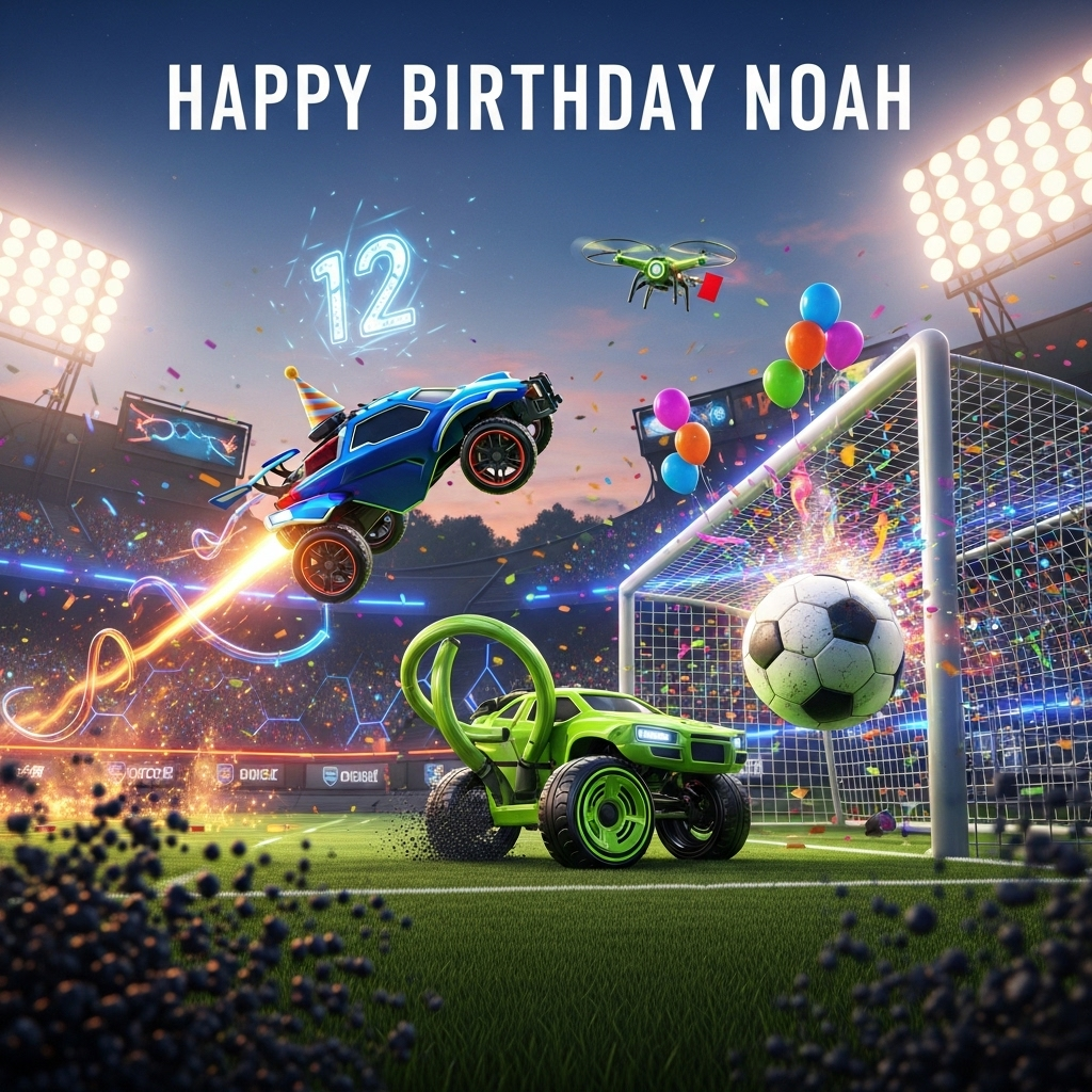 At the top of the Photorealistic picture taken from a camera image, Happy 12th Birthday, Noah!  Ultra-high-definition 4K UHD, photorealistic vertical portrait photograph, field-level sideline angle as if shot with a 50mm lens, f/2.8, 1/2000s, ISO 400, shallow depth of field. Rocket League–style, real-life soccer stadium at dusk under blazing floodlights. In the foreground, a sleek candy-blue rocket-powered sports car wearing a tiny party hat on its roof launches off the turf mid-air, performing a bicycle-kick to slam a giant, scuffed soccer ball toward the goal. The car’s glowing boost trail curls in the air to form a luminous “12.” Confetti and balloons erupt inside the net like a celebratory goal explosion. The lime-green goalie car is comically tangled in the net, wheels spinning, while a little referee drone hovers nearby flashing a tiny red card at a tire. Bits of grass and rubber pellets fly; speed lines and subtle motion blur on the sidelines emphasize velocity. The packed crowd is a colorful bokeh; the distant scoreboard shows a huge “10.” Realistic materials and lifelike textures: glossy paint reflections, carbon-fiber spoiler, heat shimmer from exhaust, detailed turf fibers, accurate stadium lighting and shadows, crisp specular highlights. Place a cheeky single-line caption on the pitch-side LED ribbon near the bottom: “Blow out the goals, not the candles!” Render the header text at the top in large, bold white letters with a subtle dark stroke for readability. No brand logos. Vibrant, high-contrast color grade, natural lens flare, cinematic bokeh., and Birthday Card