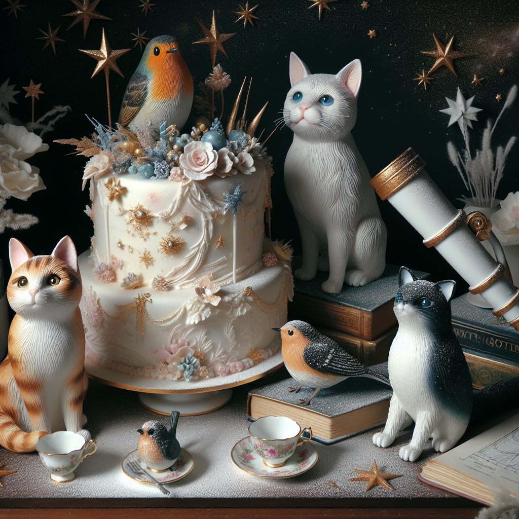 Imagine an enchanting birthday scene with a blend of whimsy and the cosmic. The main attraction is an opulent cake, exquisitely iced and decorated, surrounded by three cat figures: a ginger cat showing a playful smirk, a tuxedo cat sitting with quiet elegance, and a cat graced with white spots showing its curiosity. Each figurine is holding a tiny teacup, adding a touch of charm and realism to the setting. A small telescope is directed towards a beautifully hand-painted European robin perched on a branch with frost accents, while a wren is cleverly camouflaged amongst the frosted floral details. The scene, punctuated by the presence of astronomy books and star charts scattered around, perfectly celebrates a birthday for a lover of stars.
Generated with these themes: Ginger cat , Tuxedo cat, White spotted cat, Tea , Cake, Telescope, European robin, Wren, and Astronomy.
Made with ❤️ by AI.