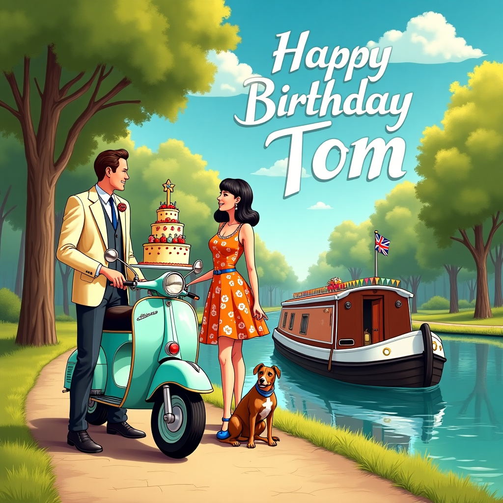 The scene unfolds in a vibrant, whimsically detailed canal setting reminiscent of the charming illustrations by Quentin Blake, with a splash of Maxfield Parrish's radiant color palette. It's a sunny day along a serene, tree-lined canal where a vintage Lambretta scooter, resplendent in classic aqua and cream, is parked beside a narrow boat. The narrow boat, affectionately named "The Swinging Sixties," boasts colorful bunting along its roof, swaying gently with the light breeze. A Caucasian male, dressed in a sharp 1960s Mod outfit complete with a sleek, tailored suit and narrow tie, stands proudly next to the scooter, his face radiating a cheeky grin.

Beside him, his wife, embodying the iconic 60s mod style with her chic black bob haircut, is clad in a brightly patterned mini dress and knee-high boots. She holds a plate, atop which sits a towering birthday cake decorated with playful icing in the shape of musical notes and scooters, in homage to their beloved era. Sitting attentively by her feet is their Alsatian dog, wearing a bandana that matches her dress.

In the sky above, fluffy clouds have whimsically formed into the letters spelling out "Happy Birthday Tom," as if the very heavens are celebrating. The canal water reflects the scene with a shimmering quality, capturing the essence of the joyful moment. A subtle nod to the mod culture is seen in the tiny details, such as the Union Jack flag peeking from the scooter’s handlebars and a classic Who pin on the husband's lapel. Overall, the scene is bursting with nostalgia and vibrancy, a perfect tribute to Tom's special day.
Generated with these themes: Vintage lambretta scooter, 1960s mod , One Caucasian male , Married to caucasian female 60s mod black bob hairstyle, Lives on a narrow boat on canal, and Alsatian dog.
Made with ❤️ by AI.