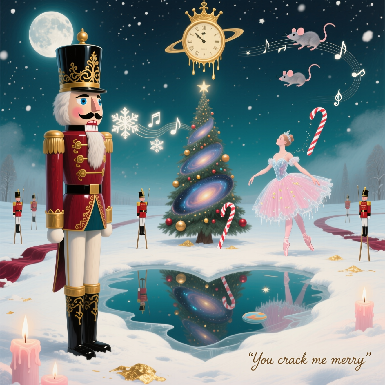 Romantic, dreamlike surreal Christmas tableau inspired by Dali: an enormous, gentle Nutcracker prince of lacquered wood and gold filigree stands in a moonlit snowfield; his hinge-jaw barely ajar, releasing glowing snowflake-notes that drift toward an adult ballerina muse made of frosted glass and spun sugar, her tutu dissolving into stardust. Between them, a heart-shaped frozen pond mirrors a towering Christmas tree that spirals like a galaxy, its baubles as tiny planets. Candy canes sag and drip like melting clocks; toy soldiers stride on elongated stilt-legs across a horizon of velvet ribbon-roads; a caramel-gold clock-moon hangs low, its light pooling in soft puddles. Constellation-mice sketch a subtle crown in the sky; snowfall looks like musical notation. Ethereal candlelight, rose-gold rim light, and silvery volumetric mist create a romantic glow. Palette: moonlit teal, midnight blue, cranberry velvet, blush pink, champagne gold, ivory. Painterly oil texture with hints of gold leaf, fine detail, dreamy bokeh, soft vignette. Tall, full-bleed composition with generous negative space in the lower right.

Add a small hand-lettered caption in the lower right: “You crack me merry” — shimmering frost script, delicate, subtle, gently curved along a snowdrift. No other text or logos.
Generated with these themes: The nutcracker , and .
Made with ❤️ by AI.