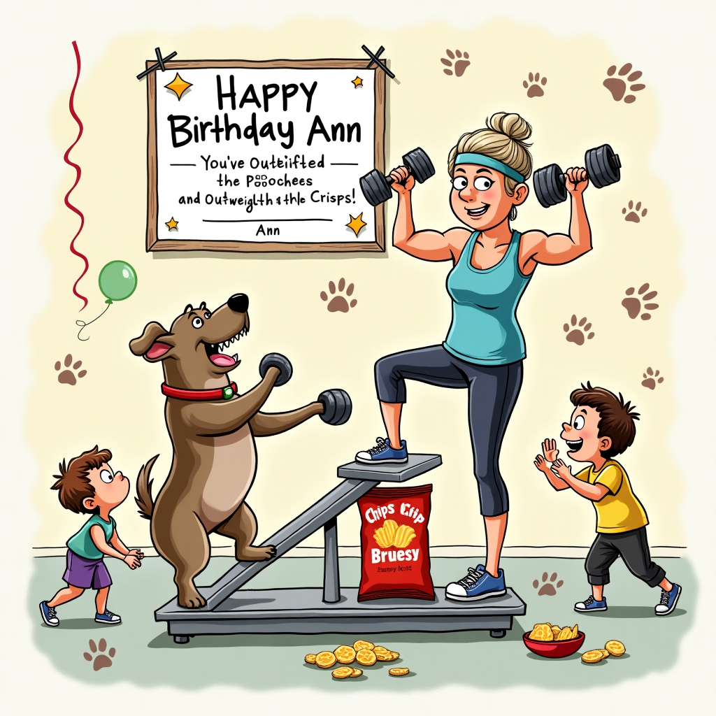 **Prompt:**

At the top of the illustration image, *Happy Birthday Ann — You’ve Outlifted the Pooches and Outweighed the Crisps!*

A hilarious illustration shows Ann in gym gear proudly flexing on a set of comically wobbly scales — one foot firmly on a family-sized bag of crisps. Beside her, a sassy French bulldog wearing a sweatband lifts a dumbbell with surprising strength, while a shaggy Cockapoo in leg warmers strikes a yoga pose mid-downward dog. In the background, mischievous grandchildren giggle while adding more crisps to one side of the scales. On the wall behind them hangs a certificate: "Officially Pawesome Pensioner of the Year!" with streamers, balloons, and paw prints scattered around the gym-themed party scene. The whole image bursts with colourful, playful chaos — all the things Ann loves: fitness, fluffballs, snacks, and grandkids.
Generated with these themes: Gym, French bulldog, Cockerpoo, Cockapoo, Scales, Pension, Grandchildren, and Crisps.
Made with ❤️ by AI.