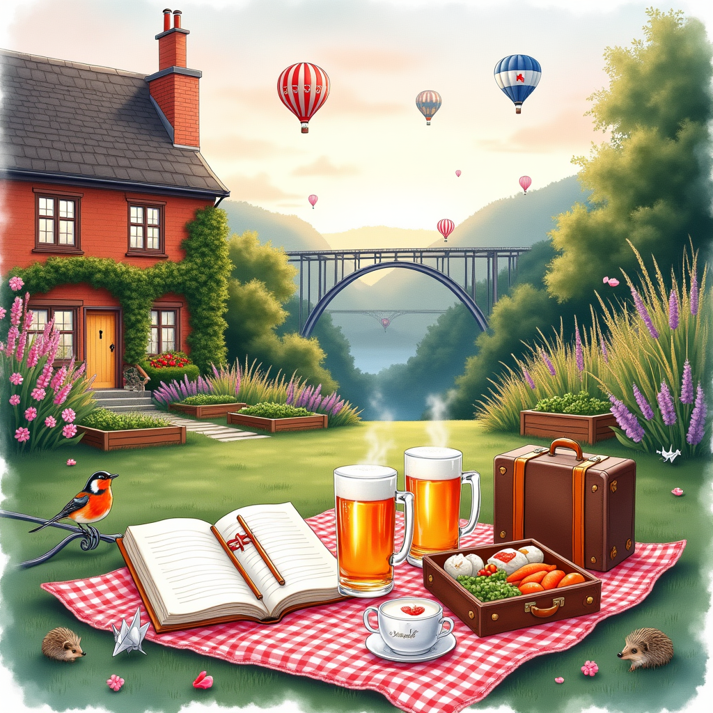At the top of the Watercolor Style image, Happy Anniversary!

Romantic watercolor scene, portrait composition with generous airy space at the top. Soft watercolor washes, delicate gradients, subtle pigment blooms, and visible natural paper texture throughout. Foreground: a cozy picnic in a lush English garden—gingham blanket, bento with sushi and onigiri, lacquered chopsticks, two frosty beers, a porcelain teapot with two teacups, steam curling into a faint heart. A travel journal open to a sketched torii gate and a tiny Mount Fuji stamp, two folded paper cranes, and a suitcase with Japan stickers. Nearby a thriving vegetable garden with raised beds of tomatoes, runner beans, and carrots with little wooden labels; lavender, foxgloves, and climbing roses. A bright robin perches on a garden fork while a shy hedgehog snuffles near strawberries. Midground: our warm red brick house draped in ivy and roses, windows aglow; red-and-white paper lanterns strung across; a small ornamental cherry tree releasing a few pink petals. Background: the Clifton Suspension Bridge spanning a misty Avon Gorge, bathed in golden-hour light; the sky dotted with Bristol Balloon Fiesta hot air balloons—some heart-shaped, others patterned with indigo seigaiha waves and cherry blossoms—drifting serenely. Palette: blush pinks, moss and sage greens, indigo and sky blues, warm brick reds; soft edges, gentle granulation, painterly blooms. Add a small handwritten caption near the bottom: My cup of tea and my perfect pint. Mood: tender, nostalgic, travel-kissed romance; large, image-first focus.
Generated with these themes: Garden, plants, travelling to Japan, our red brick house, picnics, Japanese food, beer, English tea, vegetable garden, Bristol balloon fiesta, clifton suspension bridge, English wildlife, and .
Made with ❤️ by AI.