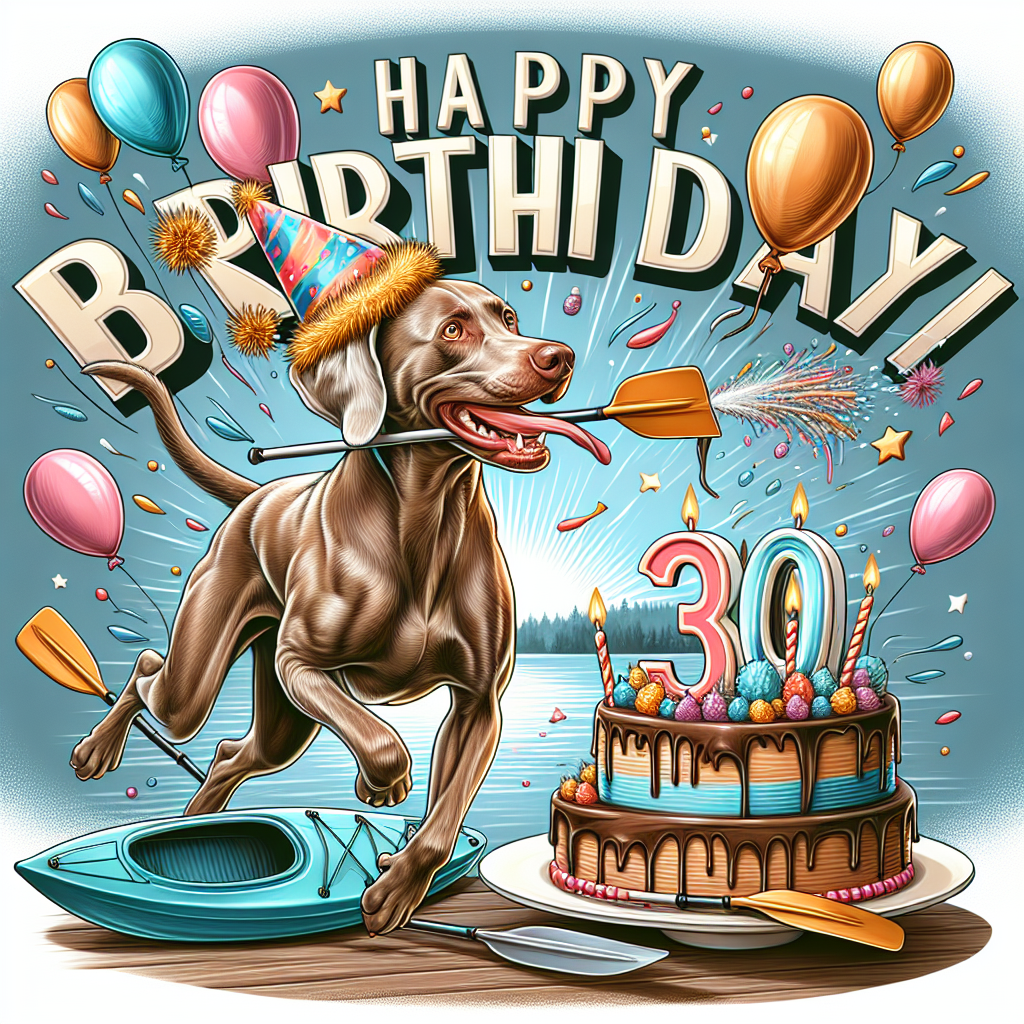 Design an enchanting birthday-themed illustration. In the scene, a happy brown Weimaraner is donning a party hat, indicating a joyous occasion. It looks dynamic, almost as if it's in mid-run, representing its vibrant energy. A kayak and paddles are placed subtly in the backdrop, underscoring the dog's passion for kayaking. There's a buoyant ambiance to the scene with balloons scattered in the air. Above all, the phrase 'Happy 30th Birthday' is written in exuberant letters, setting the celebratory tone. A large cake, adorned with '30' shaped candles, dominates the foreground, highlighting the milestone being celebrated.
Generated with these themes: Brown Weimaraner, Kayaking , Running, 30th birthday , and Cake .
Made with ❤️ by AI.