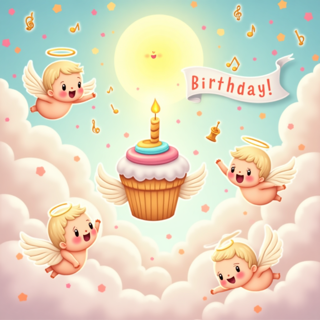 At the top of the illustration image: "Holy Cake, Charlyn — It’s Your Birthday!"

Illustration prompt:  
A super cute, heavenly birthday scene in a soft, pastel illustration style. Chubby baby angels with tiny golden halos and fluffy wings are floating among cotton-candy clouds, joyfully throwing rainbow confetti. One angel is flying while holding an oversized cupcake with a glowing candle shaped like a halo. A radiant sun with a smiling face peeks over the clouds, and there's a divine birthday banner stretching across the sky with musical notes and tiny cherubs playing golden trumpets. The entire scene sparkles with joy, charm, and just a pinch of celestial mischief.
Generated with these themes: God.
Made with ❤️ by AI.