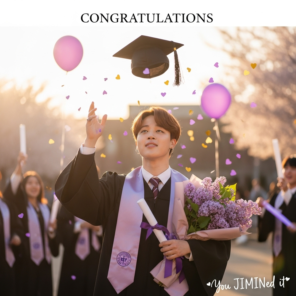 At the top of the Photorealistic picture taken from a camera image, CONGRATULATIONS

Ultra-high-definition 4K UHD photograph, accurate natural lighting and lifelike textures, rich depth of field. A candid, heartwarming graduation moment featuring BTS’s Jimin as the main subject on a sunlit campus quad during golden hour. He stands center frame in a classic black graduation gown with a neatly tied purple stole, a rolled diploma bound with a satin lavender ribbon in one hand, the other hand mid-throw after tossing his mortarboard into the air. Jimin’s soft eye-smile and gentle rosy cheeks radiate a cute, proud vibe. Surround him with floating purple and gold confetti shaped like tiny hearts, a few pastel purple balloons drifting in the background. Slightly low, portrait-style angle with creamy bokeh: blurred cherry blossoms, cheering classmates, and a subtle violet glow from distant lightsticks. Razor-sharp focus on Jimin’s face and hands; realistic gown fabric weave, bouquet of lilac and lavender blooms cradled at his arm. Warm rim light halos his hair; delicate lens flare kisses the frame edge. Color palette: lavender, blush, cream, and soft gold. Shot on an 85mm f/1.8, shallow depth of field, ISO 200, 1/500s for crisp motion. Clean negative space in the sky area for the header. Add a small, playful handwritten caption at the bottom right: “You JIMINed it!” No other logos or text.
Generated with these themes: BTS, JIMIN, GRADUATION, and .
Made with ❤️ by AI.
