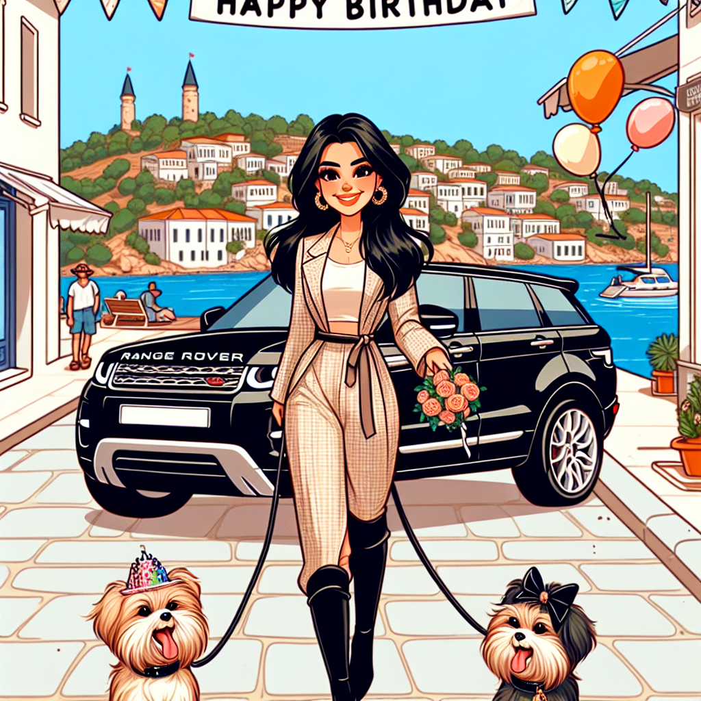 Parvy she is an indian beauty celebrating her birthday in Bodrum, walking her 2 small cute dogs organising a wedding with her own Black Range Rover Evoque in the background. Birthday Card