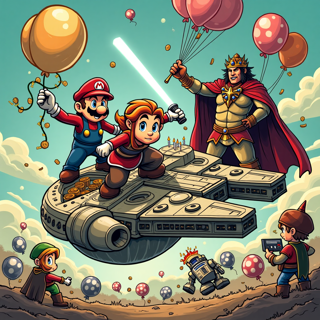 **Prompt:**

At the top of the illustration image: *“Jamie, May the Shroom Be With You!”*

An energetic and chaotic birthday illustration where a mustachioed plumber (Mario-style) is dramatically wielding a lightsaber made of rupees while riding a floating Goomba that’s shaped like the Millennium Falcon. Zelda stands heroically nearby, accidentally tangled in power-up vines while trying to cast a Force spell, confused and majestic. Behind them, a towering, roaring Brian Blessed (as a space king in full royal Nintendo armor) commands a fleet of star-shaped Koopa ships. Off to the side, Rowan Atkinson (as a Hyrule Jedi Master) tries to plug in an NES controller to a R2-D2 that’s holding a birthday cake, completely unbothered. Balloons shaped like Triforces and Question Blocks float everywhere as a Boo ghost tries to photobomb the chaos.

Make the colors bold and candy-like, with dynamic comic-style linework and lots of wild action expressions — maximum visual mayhem for maximum birthday fun.
Generated with these themes: Mario, Zelda, Nintendo, Star Wars , Brian blessed, and Rowan Atkinson .
Made with ❤️ by AI.