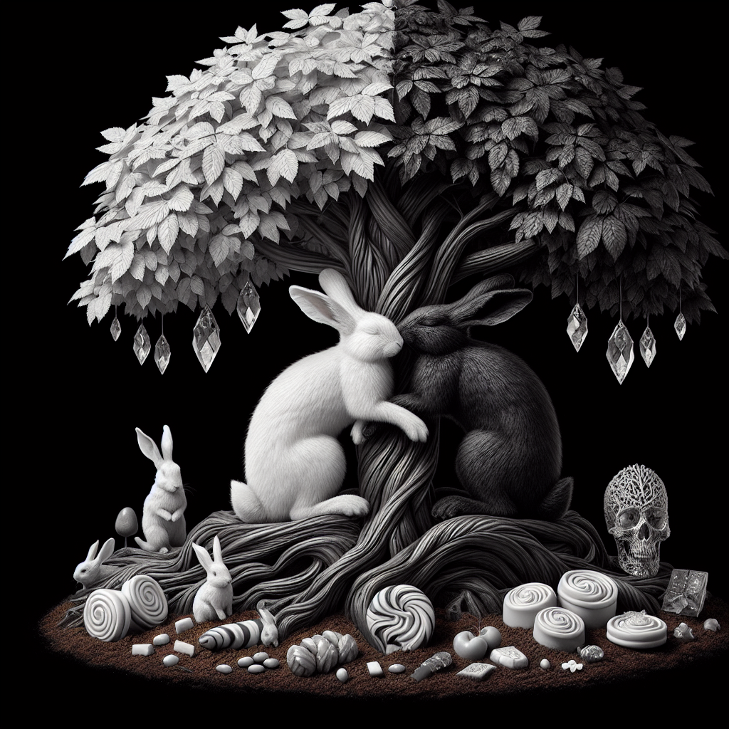 Imagine a surreal representation of an anniversary scene demonstrating a peculiar yet romantic theme. At the core, two rabbits are depicted, one wholly white and the other completely black, intertwining as if in a sweet embrace. This acts as a symbol of the unity of love in the contrast of their colors. Underneath an opulently leafy and twisted tree, they sit. This tree is adorned with glistening crystals on its branches that cast an otherworldly light. Around the tree's base, various sweets are scattered, symbolizing the delight in spending time together. Partially concealed at the tree's roots is a finely detailed skull. This seemingly ominous presence serves as a poignant reminder of life's brief span set against permanent love.
Generated with these themes: White rabbit, Black rabbit, Love, Tree, Skull, Sweets, and Crystals.
Made with ❤️ by AI.