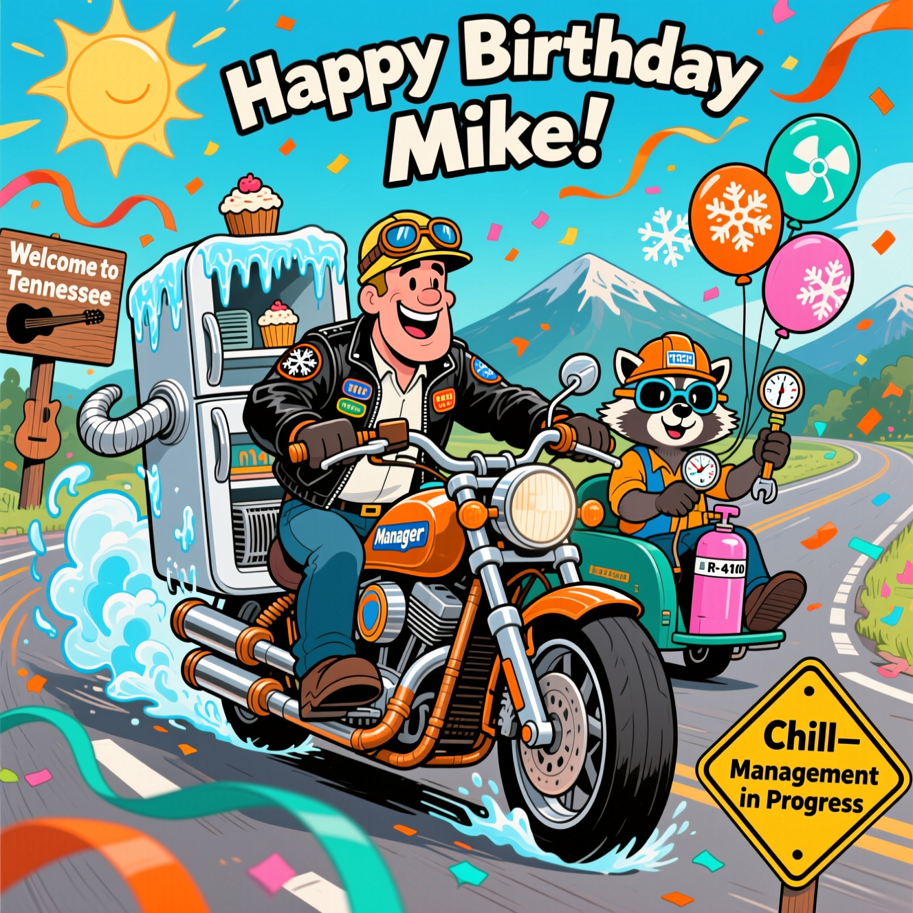 At the top of the Cartoon Style image, "Happy Birthday Mike!"

Playful, high-energy cartoon scene with thick black outlines and bright saturated colors. On a sun-splashed Tennessee highway, a grinning HVAC manager rides an over-the-top refrigerator-chopper motorcycle. The bike is a shiny stainless fridge with copper-pipe handlebars, condenser-coil exhausts, a thermostat for a speedometer, and flexible silver ductwork trailing behind like streamers. Frosty vapor swirls in electric blues as the bike leans into a curve, icicles dangling from the freezer door, a tiny cupcake cooling on the top shelf. The manager wears a leather biker jacket covered in HVAC patches (snowflake, fan, thermostat), a big “Manager” back patch, aviator shades, and a sarcastic smirk.

In a sidecar, a cartoon raccoon HVAC tech in goggles and a hard hat labeled “HVAC TECH” brandishes a manifold gauge and wrench, next to a strapped pink R-410A cylinder. The road whooshes past a wooden “Welcome to Tennessee” sign with a guitar silhouette; Smoky Mountains roll in the background. Volunteer-orange and cool-cyan confetti and streamers arc through the air; balloons shaped like snowflakes and fan blades bob from the bike.

Place a single short, cheeky line as in-world text on a yellow roadside caution sign near the bottom: “Chill—Management in Progress.”

Style: exaggerated proportions, whimsical poses, dynamic low angle, bold cel shading, glossy metal highlights, vibrant teal/blue cools vs. warm Tennessee oranges.
Generated with these themes: Refrigeration, Hvac, Sarcastic, Tennessee, Motorcycle, Manager, and .
Made with ❤️ by AI.