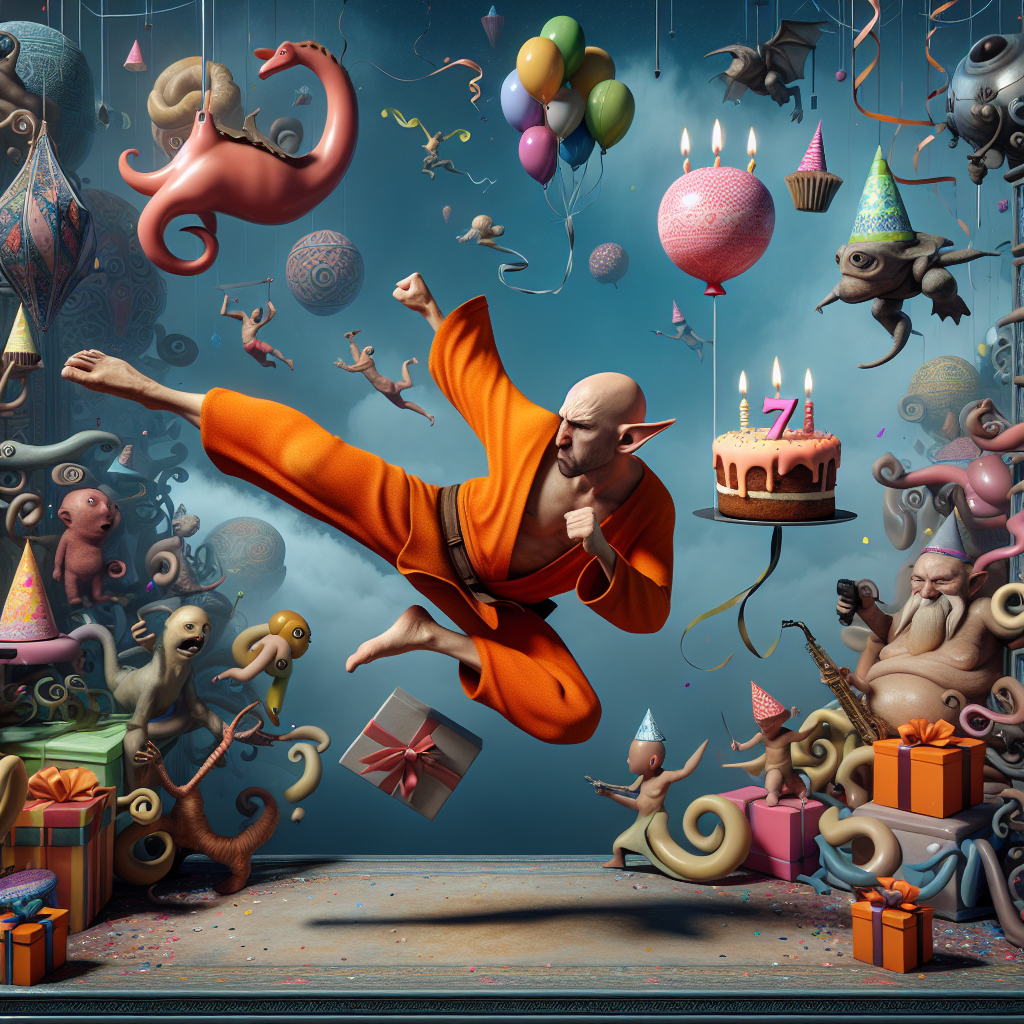 Imagine a surreal birthday scene with an irritable halfling man as the focal point. This male character is from a Middle-Eastern descent and is performing a flying kick. His short, bald figure is garbed in vibrant orange monk robes. His action contrasts against a backdrop filled with whimsical and unusual elements, everything engulfed in the essence of a birthday. Observe the impossible geometry and peculiar creatures, all bearing gifts. Witness the oddly floating birthday decorations like streamers and confetti drifting upwards, spiraling around levitating cupcakes and gifts. All of this is located in the mystifying and enchanted realm.
Generated with these themes: Halfling male, Short, Bald, Orange monk robes, Martial arts flying kick, Grumpy , and Fantasy .
Made with ❤️ by AI.