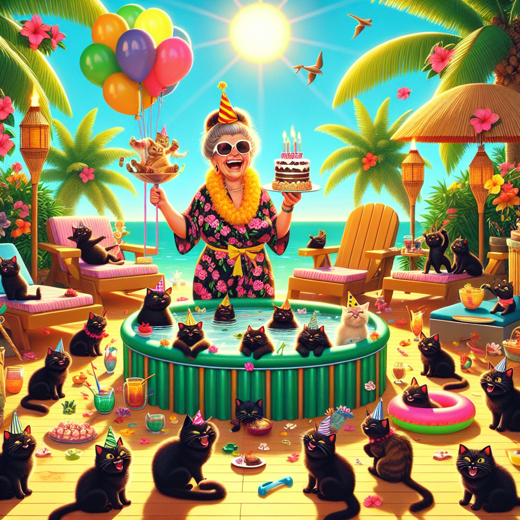 Imagine a scene with a sunlit, vibrant tropical tiki summer party as the backdrop. It's decorated with lush green palm trees and bright hibiscus flowers. A group of giddy black cats, each adorning a festive party hat, are having a merry time all around. At the center, a quirky middle-aged Caucasian woman, referred to affectionally as the 'crazy cat lady', becomes the focal point. She holds a yummy birthday cake in one hand and a multicolored balloon in the other. Scattered in her vicinity are joyful tiki torches and a bubbling hot tub. The hot tub is brimming with amusing cartoon kittens sporting little floaties, making the most of a warm, rejuvenating soak under the warm sunlight.
Generated with these themes: Crazy cat lady, Black cats, Tropical tiki summer, and Hot tub.
Made with ❤️ by AI.