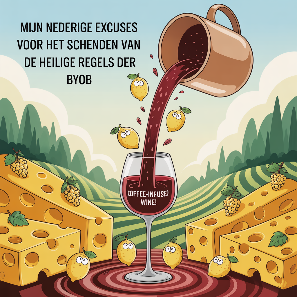 At the top of the image, "Mijn nederige excuses voor het schenden van de heilige regels der BYOB":

At the bottom of the image, "When life gives you lemons, make coffee-infused wine!" 

- Illustrate a whimsical scene with a surreal twist: A gigantic coffee mug spilling an endless stream of coffee that transforms into wine as it flows into a wine glass, with tiny, surprised lemons floating around. The background features a dreamlike landscape of rolling hills made of cheese and grapevines.
Generated with these themes: Wine, COffee, and .
Made with ❤️ by AI.