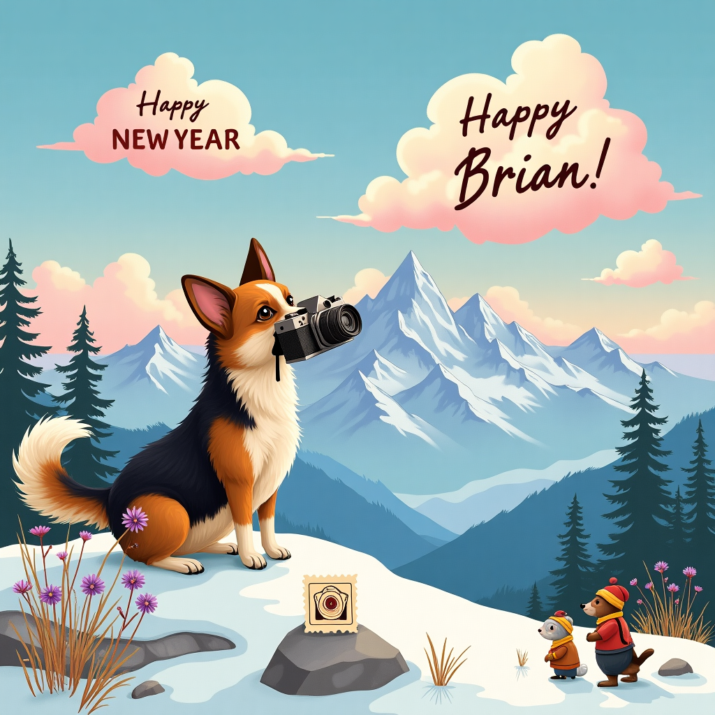 The scene unfolds in a whimsical landscape where snow-capped mountains stretch majestically across the horizon, their rugged peaks dusted with the soft pink glow of the setting sun. In the foreground, a charming tri-color dog with expressive eyes stands proudly on a rocky ledge, holding a vintage camera in its mouth. Its coat is a patchwork of earthy browns, creamy whites, and deep blacks, adding a touch of vibrancy to the wintry backdrop. The dog's tail wags energetically as it gazes through the lens, capturing the breathtaking panorama of the mountains beyond. 

Suspended in the sky, in a playful touch, a cluster of fluffy clouds forms the letters spelling "Happy New Year, Brian!" The clouds are tinted with the hues of twilight, creating a delightful spectacle against the cobalt blue sky. Below, delicate sprigs of mountain wildflowers poke through the snow, painted in shades of violet and gold, offering a hint of spring's promise. Nestled among the blossoms, a little postcard rests against a rock, with an intricately drawn camera stamped on it, echoing the photography theme.

In the distance, miniature mountain critters—perhaps a family of whimsical rabbits wearing scarves and hats—peer curiously at the scene, their breath forming tiny frosty clouds. The entire composition draws inspiration from classic illustrators, with intricate linework and subtle colors reminiscent of Beatrix Potter and Arthur Rackham. This New Year's greeting card illustration is rich in detail, inviting viewers to explore every corner of this enchanting mountain adventure.
Generated with these themes: Tri colour Dog, Photography, Mountains, and Happy New year!.
Made with ❤️ by AI.