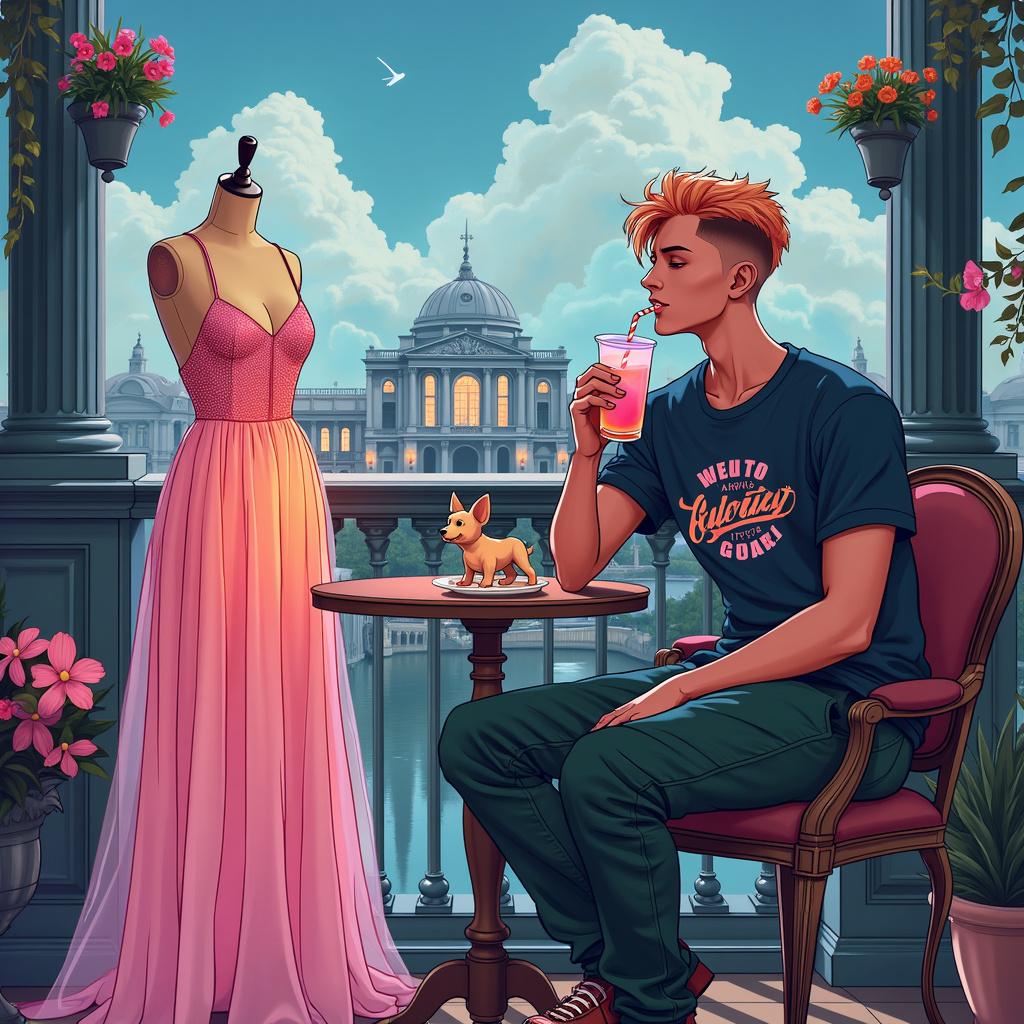 On a surreal birthday-themed balcony, with a breathtaking view of the Vienna Opera House, sat a slender, pale 25-year-old male sporting a super short mullet and strawberry blond hair. Dressed in a loose-fitting graphic t-shirt featuring a vintage logo and baggy cargo pants typical of the early 2000s, he sipped a boba tea through a colorful straw, wearing a look of contentment. Next to him, Paris Hilton added an air of glamour, her iconic long blonde hair cascading over her pink sparkly dress, complemented by oversized sunglasses. She cradled a small designer dog in one hand while holding a matching boba tea in the other.

The scene was further enhanced by the magnificent Vienna Opera House, depicted in an exaggerated, whimsical style, with musical notes floating around it, setting a joyous atmosphere. To the left of the balcony stood a vintage wooden tailor's dummy adorned with a glowing Dior gown that appeared ethereal, made of light and stars. Above them, the sky playfully formed the name "PAULI" with fluffy clouds spelling out "Happy Birthday PAULI!" 

A small round table separated the two friends, graced with an ornate vase filled with colorful, cartoonish flowers and a small plate holding a birthday cake complete with a tiny lit candle. In one corner of the balcony, an old-fashioned streetlamp, intertwined with vines, contributed to the whimsical setting, while in the distance, a hot air balloon soared through the sky, trailing a banner that also wished "Happy Birthday PAULI!" 

This colorful tableau encapsulated a delightful birthday celebration, rich with playful details and a sense of magic. 

Generated with these themes: A 25-year-old male with a super short mullet, strawberry blond, slender, pale, 2000s style; sitting on a balcony with Paris Hilton; view of the Vienna Opera; sipping a boba tea with a straw; and a tailor's dummy with a glowing Dior gown. 
Made with ❤️ by AI.