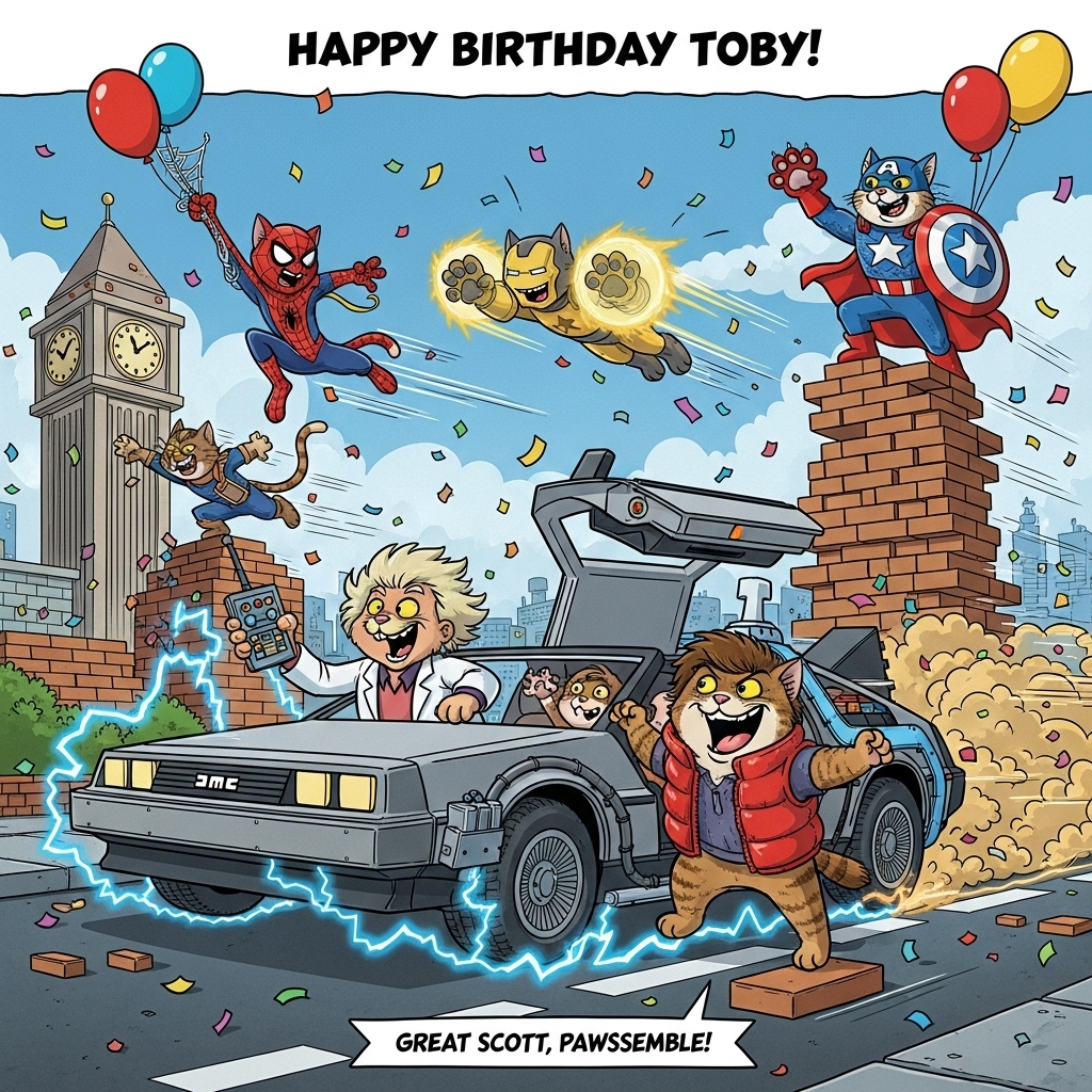 At the top of the Cartoon Style image, Happy Birthday Toby!

Big, funny, high-energy cartoon scene with exaggerated proportions, thick black outlines, and bright saturated colors: a brick-built DeLorean time machine power-slides through a toy-brick street, blue time-lightning crackling. A chonky tabby “Marty” cat in a red puffer vest leans out of the open gullwing door grinning; a wild-haired tabby “Doc” in a lab coat waves a chunky remote. Overhead, a tabby Spider-Cat swings on a yarn web; an Iron Cat zooms past with glowing paw-repulsors; a Captain Ameowrica tabby poses atop stacked bricks with a paw-star shield. Background: whimsical brick city and a big clock tower; confetti, balloons, and playful motion lines everywhere. Keep poses dynamic, expressions silly, and colors bold.

At the bottom, add one cheeky line in a small ribbon or speech bubble: Great Scott, Pawssemble!
Generated with these themes: Lego, marvel, back to the future, tabby cats, and .
Made with ❤️ by AI.
