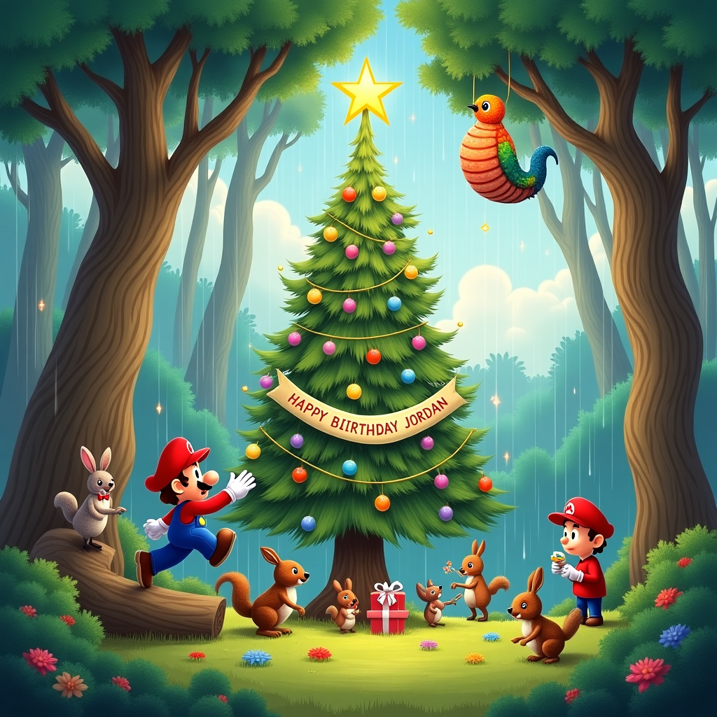 In the enchanting illustration for Jordan's birthday card, the scene unfolds in a whimsical forest where the air shimmers with post-rain freshness. At the heart of this magical setting, a grand birthday celebration is underway. The focal point is a towering Christmas tree, its branches adorned with glittering baubles and twinkling fairy lights, standing as the central beacon of festivity. At its peak, a golden star emits a warm glow, and beneath it hangs a delicate banner strung between branches, reading "HAPPY BIRTHDAY JORDAN" in colorful, playful letters.

To the left, Super Mario, clad in his iconic red and blue attire, playfully leaps over a log, his cap tipped in a festive salute. He is joined by woodland creatures, their fur glistening with tiny raindrops, who are busily preparing for the party. Rabbits in bow ties, squirrels with ribboned tails, and hedgehogs balancing tiny presents add a sense of bustling joy to the scene.

The forest itself, depicted with lush greens and earthy browns reminiscent of Arthur Rackham's intricate landscapes, seems to hum with vitality. The leaves, still glistening from the rain, catch the light like a multitude of tiny mirrors. In the background, towering trees stretch upwards, their branches interweaving to form a natural canopy.

To the right, a little boy, his face lit with wonder, stands beside a gigantic, vibrant cocoon suspended from a tree branch. This cocoon pulses with life, promising the imminent emergence of something extraordinary. Perched beside it is a vivid, resplendent bird, its plumage a kaleidoscope of colors reminiscent of Beatrix Potter's delicate illustrations. The bird is poised as if ready to sing the first notes of a birthday melody.

In the sky, soft clouds part to reveal patches of serene blue, where a gentle sun casts dappled shadows on the forest floor. The overall composition, inspired by Maxfield Parrish’s radiant use of color and light, invites the viewer into a fantastical celebration that merges the magic of childhood and nature's splendor, all dedicated to Jordan's special day.
Generated with these themes: Super mario join forest birthday party, Christmas tree, Magical forest party, Forest comes alive with vitality after the rain, Bird and cocoon, and Little boy.
Made with ❤️ by AI.