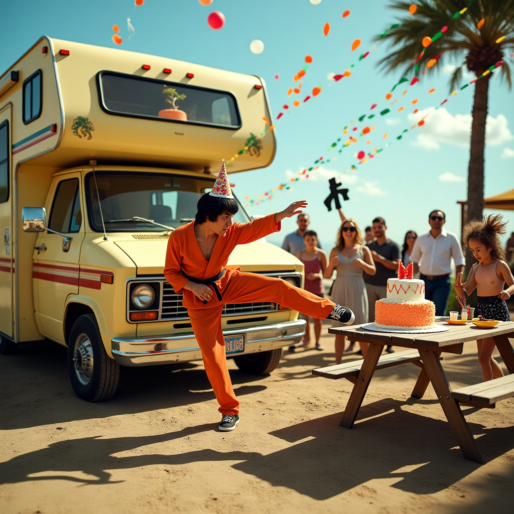 **Image Prompt:**

At the top of the realistic photograph image, *“Happy Birth-Karate, Dave — Wax On, Cake Off!”*

A hilariously realistic photograph of a retro motorhome decked out in kung-fu flair—think nunchucks hanging from the rearview mirror, dragon decals, and tiny bonsai trees in the windows. Out front, a Bruce Lee lookalike wearing a party hat and high-kicking with fierce intensity, accidentally karate-chopping a birthday cake off a folding picnic table. A surprised group of birthday guests in the background, one holding a piñata shaped like a black belt. Bright afternoon sun casts dramatic shadows as streamers and balloons float in the breeze. The mood is absurd, punchy, and full of action-packed celebration.
Generated with these themes: Bruce lee motor home.
Made with ❤️ by AI.