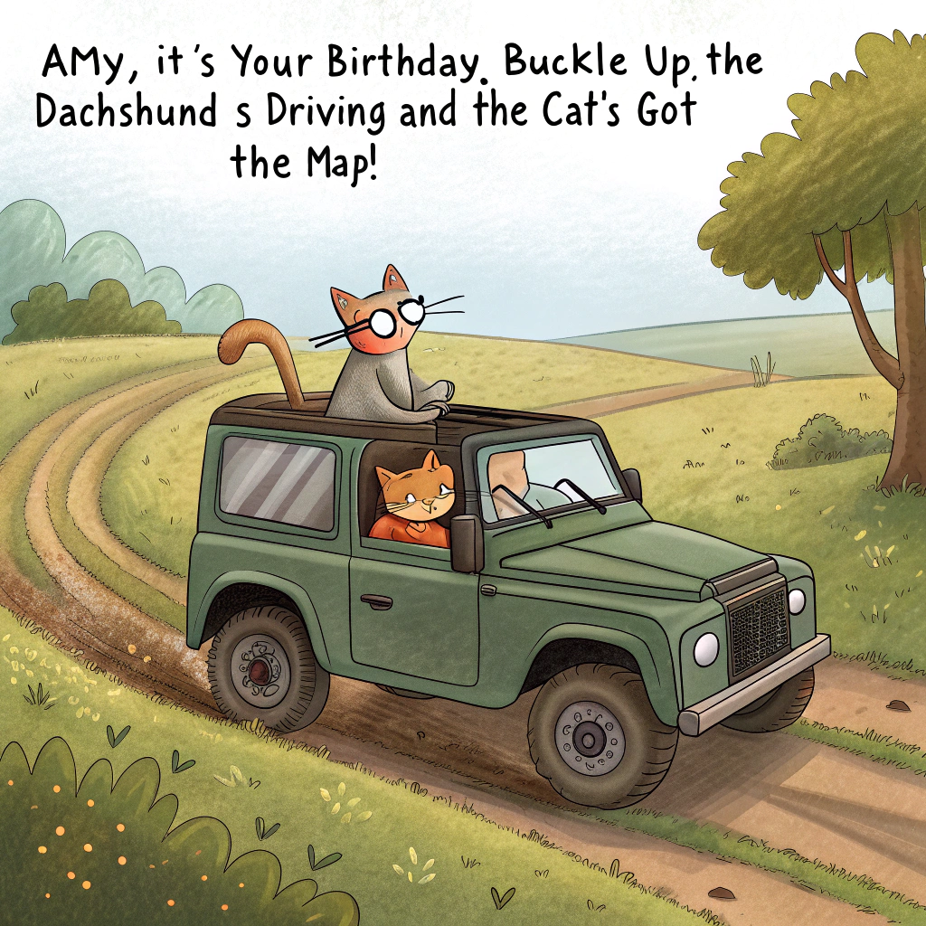 Land rover , Dachshund , Grey cat, and Couple Birthday Card