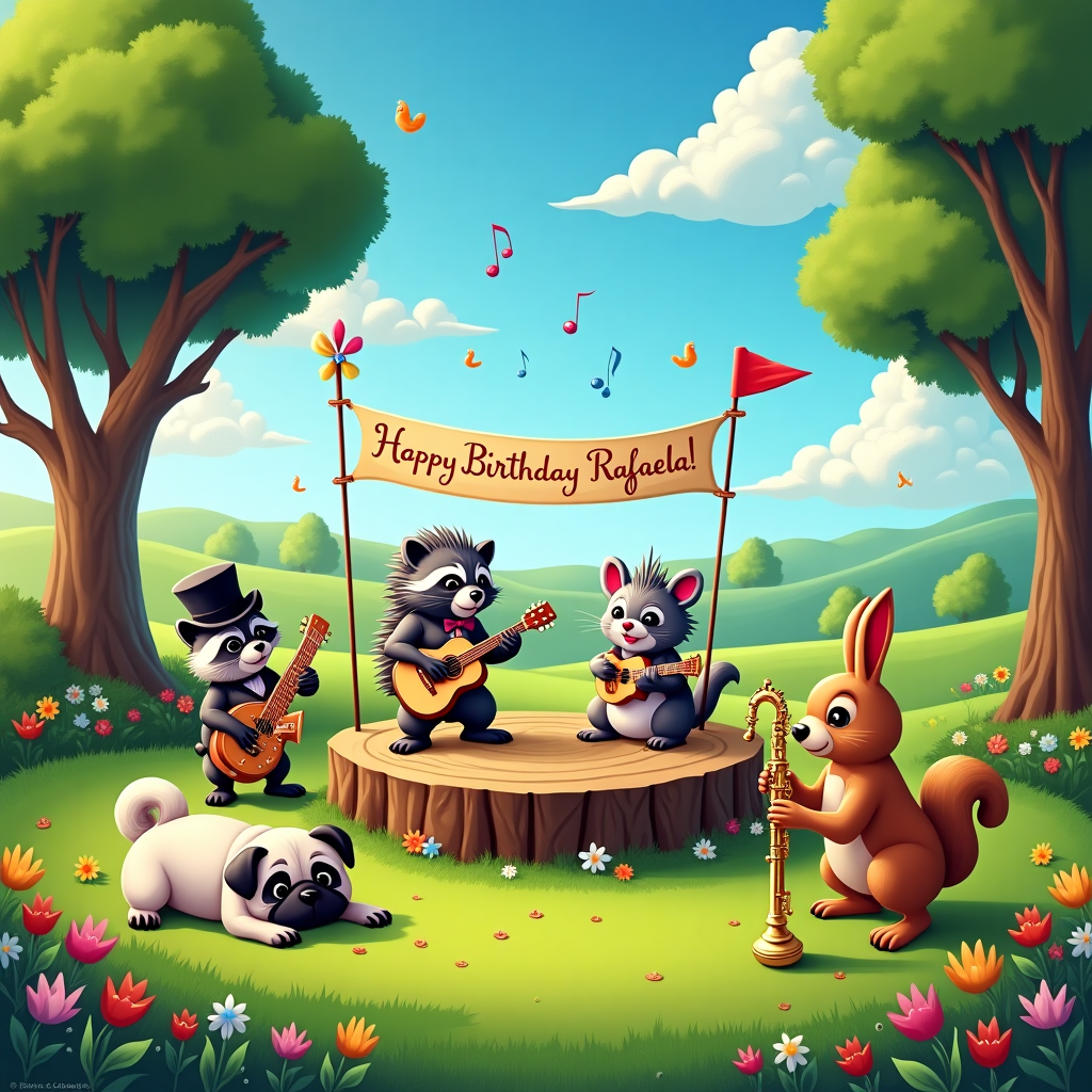 In a whimsical golf course under a bright, cerulean sky dotted with fluffy clouds, an enchanting animal music band brings the scene to life. At the heart of the golf course, a vibrant stage has been set up on a perfectly manicured green. The stage is an old tree stump, surrounded by scattered musical notes floating in the air. Leading the ensemble is a charismatic raccoon with a top hat and a bow tie, playing a gleaming trumpet. Beside him, a porcupine, gently strumming a tiny ukulele, stands with its quills styled like a rock star's mohawk. A bouncy rabbit, tapping rhythmically on a small drum set made of acorns, adds a lively beat. Nearby, a group of colorful birds join in with melodic chirps, perched on a saxophone held by a jolly, dancing squirrel. 

In the foreground, the serene pug lies comfortably on a soft patch of grass, its tail wagging gently, while a flag pin with the number "2" sways gently in the breeze next to it. Behind the band, a vivid banner strung between two ancient oak trees reads, "Happy Birthday, Rafaela!" in playful, swirling letters, adding a personal touch to the joyous setting. Above, puffy clouds twist and turn, subtly spelling out "Rafaela" in elegant, airy letters that stretch across the sky. The horizon stretches into rolling hills, each carpeted with a rich tapestry of wildflowers, while the sunlight bathes the scene in a warm glow, capturing a moment of enchanting celebration.
Generated with these themes: An animal music band, In a golf course, with a flag or pin with a "2" in it , and A pug laying down.
Made with ❤️ by AI.