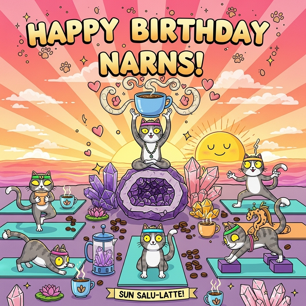 At the top of the Cartoon Style image, "Happy Birthday Narns!" in jumbo, bubbly letters with thick black outlines and a glowing sunrise gradient, sprinkled with tiny sparkles and paw-print confetti.

Playful cartoon scene at sunrise: a hilltop yoga class of exaggerated, wide-eyed cats with thick outlines and bright saturated colors. The central cat guru sits in lotus atop a giant amethyst geode, serenely balancing an oversized steaming coffee mug on its head; the steam curls into whimsical swirls and hearts. Around it, goofy cats strike wobbly poses—tree pose clutching a latte, downward dog with tail forming a question mark, warrior pose using chunky quartz crystals as yoga blocks. A cheerful, smiling sun peeks over the horizon, casting warm golden light; the sky is a candy gradient of peach, pink, and tangerine. Crystal clusters (amethyst, rose quartz, citrine) sparkle with cartoon star glints along the mats. Coffee details everywhere: a French press shaped like a crystal, beans scattering like confetti, mug decals of tiny lotus flowers. Mats in teal and aqua, cats in neon headbands and sweatbands, expressive faces and energetic, bendy poses. Big, clean composition with bold silhouettes, thick outlines, and cel-shaded highlights, radiating a funny, feel-good vibe.

At the bottom, a small cheeky caption in a playful ribbon: "Sun Salu-latte!"
Generated with these themes: Yoga, Coffee, Sunrise, Cats, Crystals, and .
Made with ❤️ by AI.