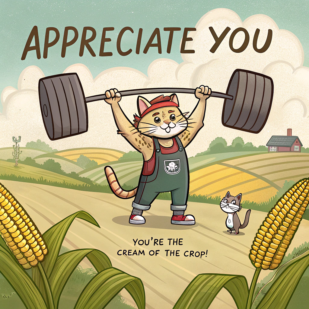 At the top of the image, "Appreciate you":

In the center of the image, create a scene with a muscular cartoon cat sporting a sweatband and lifting a heavy barbell made of ears of corn. The background should feature rolling Iowa cornfields, and in the distance, a farm with a playful scarecrow waving. Add a touch of whimsy with a small mouse acting as the cat’s personal cheerleader, holding a sign that says, "You're the cream of the crop!"
Generated with these themes: Cats, Iowa, Weight lifting, and .
Made with ❤️ by AI.