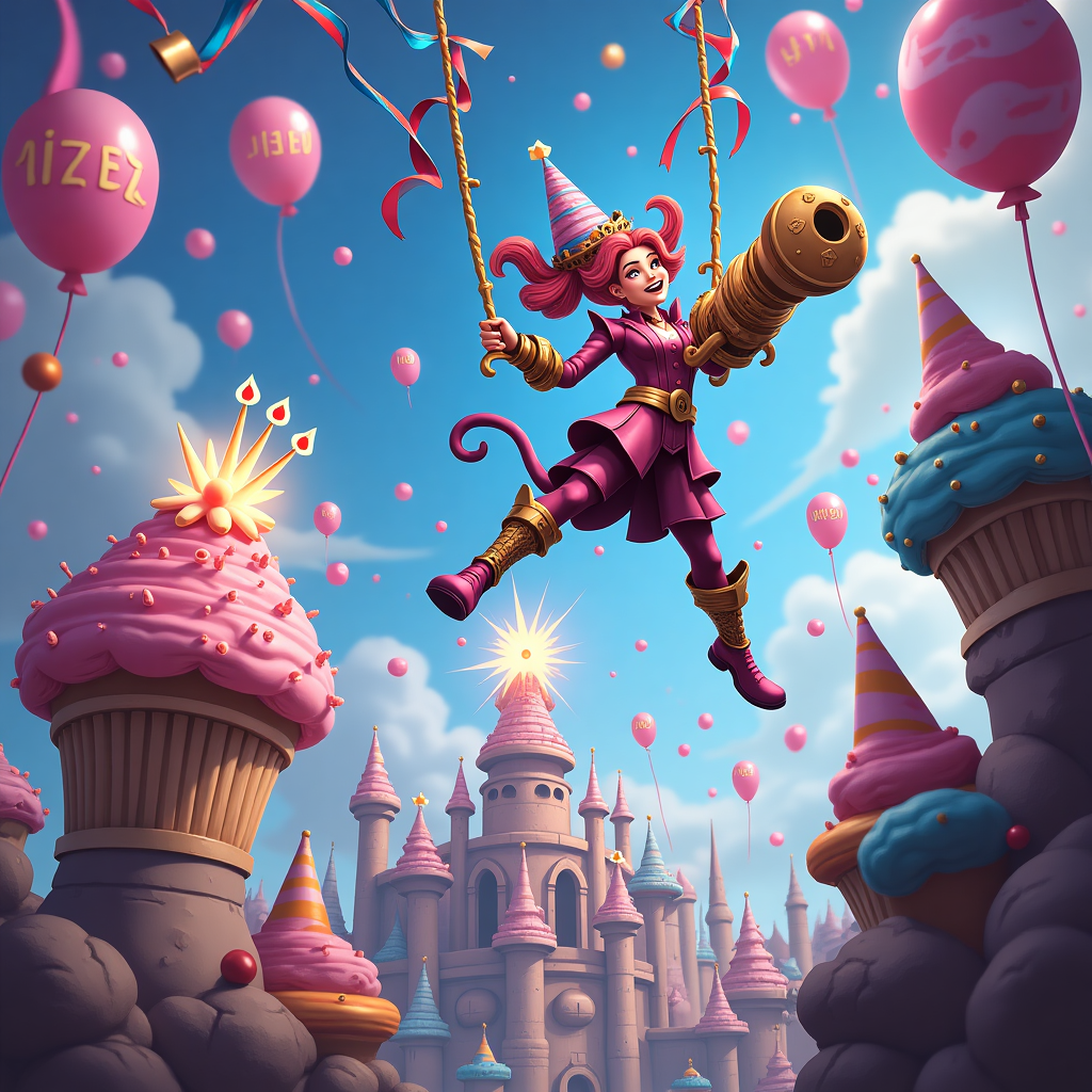 **Prompt for Surreal Birthday-Themed Illustration:**

At the top of the illustration image, *“Boom-Bash Birthday, Chloe — Time to Jinx it Up!”*

Create a surreal, vibrant illustration featuring a birthday scene twisted through the wild, arcane lens of *Arcane: League of Legends*. Picture Jinx joyfully swinging from streamers made of crackling blue Hextech energy, hurling confetti grenades and firing her oversized fishbone rocket launcher — the rocket leaving a trail of glowing birthday candles mid-air.

Below her, Vi towers in gleaming gauntlets repurposed into absurdly over-the-top gift-wrapping machines, haphazardly wrapping chaos and cake alike. A dreamlike floating cupcake castle melts slightly into a backdrop of Zaun-inspired mechanical skyscrapers.

Whimsical, gravity-defying balloons drift around the characters, each balloon pulsing with electric veins and tiny graffiti doodles of party hats. Strange gear-driven gears and glowing runes turn the skies into an ominously joyful whirlpool, with candy raining gently from cracks in the sky.

Add an explosion of surreal birthday mayhem in every corner — everything from magical arcane fireworks forming hexes of "HBD" to tiny piltover pigeons wearing party crowns swooping across.

Use bold, vivid, illustration-style textures, blending chaos with cheer in a dreamlike pastel/Neon hybrid palette. Think Tim Burton meets steam-punk sugar rush — totally outlandish, fantastically festive, unmistakably Jinx’d.
Generated with these themes: Arcane League Of Legends, Jinx Arcane League Of Legends, Vi Arcane League Of Legends, Jinx weapons Arcane League Of Legends, and Gauntlets Arcane League Of Legends.
Made with ❤️ by AI.