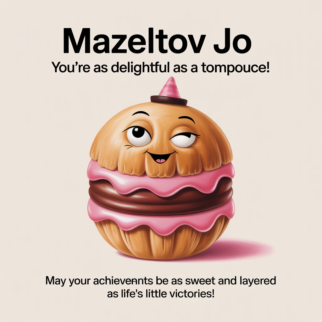 At the top of the image, "Mazeltov Jo – You're as delightful as a Tompouce!"

- In the center, depict a whimsical scene featuring a cheerful Tompouce with a mischievous smile, dressed in a tiny celebratory hat. The pastry is layered with smooth pink icing and rich custard, adding a touch of sweetness to the scene.

- Add at the bottom of the image, "May your achievements be as sweet and layered as life’s little victories!"
Generated with these themes: Tompouce , and .
Made with ❤️ by AI.