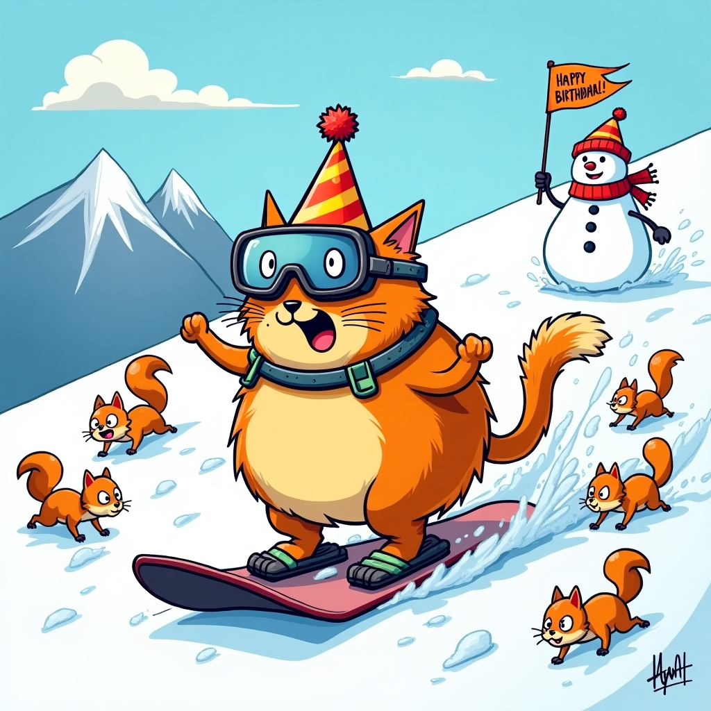 Orange tabby cat, and Snowboarding Birthday Card