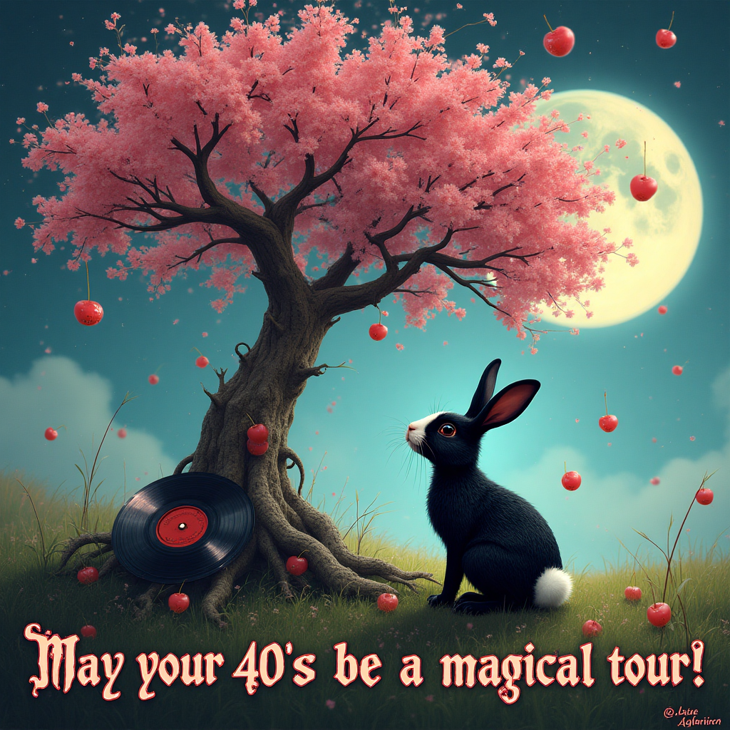 At the top of the Surreal Style image, place the text "Happy 40th Birthday!"

**Image Prompt:**

In a dreamlike, surreal landscape, a black rabbit with a white nose, dressed in a glam-rock David Bowie-inspired outfit, gazes wistfully at a vibrant cherry tree with branches reaching into an opalescent sky. Each cherry is transformed into tiny gothic sweeties, shimmering with an ethereal glow. The tree's roots entwine around vintage vinyl records, creating a whimsical homage to Bowie. In the background, the moon is a patchwork of iconic Bowie symbols, casting a gentle, surreal light over the scene. Beneath the scene, in playful, gothic lettering: "May your 40s be a magical tour!"
Generated with these themes: David Bowie, Black rabbit with white nose, Cherry tree, Gothic, Sweeties , and .
Made with ❤️ by AI.