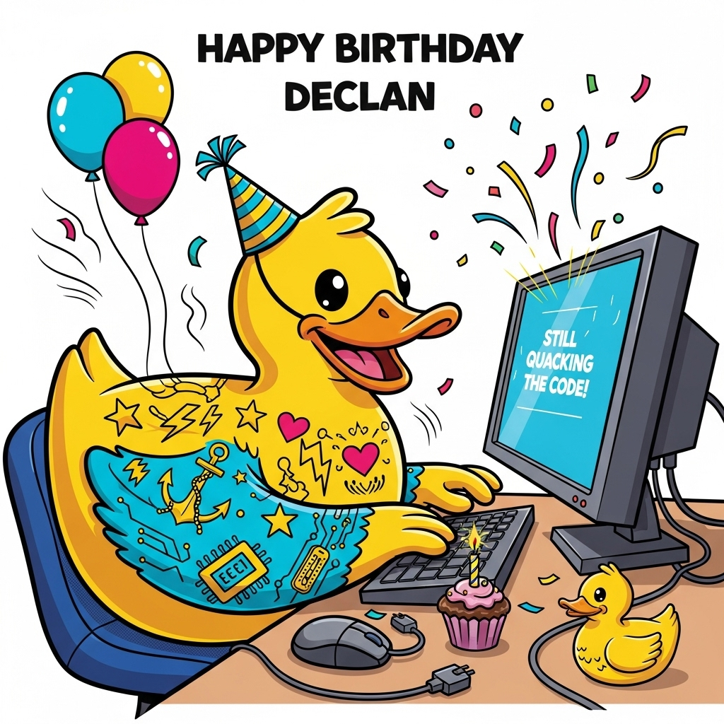 At the top of the Cartoon Style image, Happy Birthday Declan

A vibrant, funny cartoon scene with thick black outlines and super-saturated colors: a giant rubber duck coder with a goofy grin and an askew party hat sits at a desk, typing with chubby wings on an oversized computer. The duck rocks bold tattoo-style ink across its wings and sides—anchors, lightning bolts, stars, hearts, microchips, and swirly circuit patterns—like cheeky full sleeves. The monitor faces the viewer; on the screen, a single punny line reads: “Still quacking the code!” Confetti explodes, a cupcake with a sparkling candle glows on the desk, and a duck-shaped mouse and quirky cables add to the chaos. Balloons and streamers swoop around with energetic motion lines. Exaggerated proportions, playful expressions, glossy highlights, and soft halftone shading; punchy palette of sunshine yellow, cyan, hot pink, vivid teal, and royal blue; portrait, full-bleed composition; bright, whimsical, celebratory mood.
Generated with these themes: Rubber duck, tattoo, computer , and .
Made with ❤️ by AI.