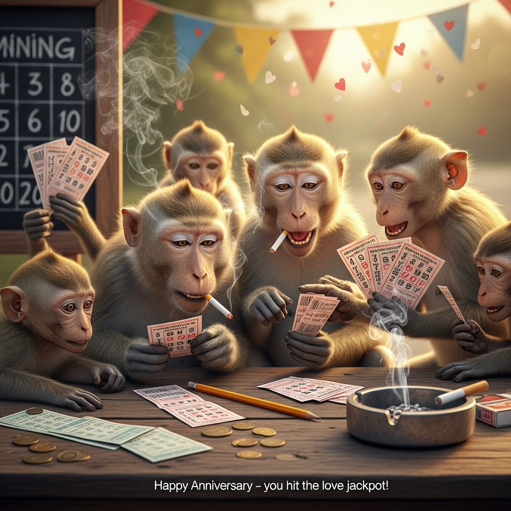 At the top of the Photorealistic picture taken from a camera image, From the Troop

Ultra-high-definition 4K UHD, true-to-life, funny mood. A photorealistic camera-shot scene of a cheeky troop of macaque monkeys crowded around a weathered wooden table at a tiny roadside lottery stand. The tabletop is littered with colorful lottery tickets, a stubby pencil, a few coins, and a dented metal ashtray with a thin curl of cigarette smoke. Center frame: an older macaque squints at a ticket with a lit cigarette tucked at the corner of his mouth, while another macaque excitedly points at matching numbers on a slip; a third macaque fans out tickets like playing cards, eyes wide and mischievous. A juvenile macaque peeks over the edge, reaching for a ticket. Background softly out of focus: hand-scribbled winning numbers on a chalkboard, faded bunting, and warm late-afternoon sunlight filtering through leaves, catching the smoke and floating heart-shaped confetti that hints at an anniversary celebration. Lifelike fur textures, expressive eyes with catchlights, wood grain detail, realistic paper fibers on the tickets. Accurate lighting: golden-hour side light with gentle rim highlights, soft shadows; rich depth of field with creamy bokeh. Shot on a full-frame DSLR, 50mm lens, f/2, ISO 200, 1/250s. Warm cinematic color grading, high micro-contrast, no logos or brand names.

Add a small, cheeky caption near the bottom center: “Happy Anniversary — you hit the love jackpot!”
Generated with these themes: Macaque monkeys playing the lottery, Cigarette, and .
Made with ❤️ by AI.