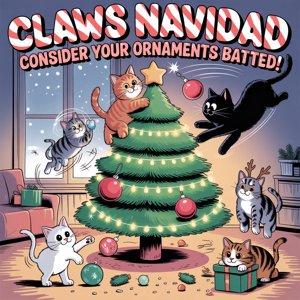 At the top center in giant candy-cane striped bubble letters with thick black outlines: “Claws Navidad — consider your ornaments batted!”

- Playful cartoon scene below: a towering, slightly tilting Christmas tree with a chonky orange tabby clinging halfway up the trunk, star askew; a sleek black cat mid-pounce swatting a shiny red bauble; a fluffy white kitten tangled in twinkly lights like a cape; a grumpy gray cat in reindeer antlers dragging tinsel across the floor; a calico peeking from a gift box with a paw reaching out.
- Exaggerated proportions, big expressive eyes, oversized paws, thick outlines, bright saturated reds, greens, golds, and icy blues; whimsical, energetic poses with motion swooshes and sparkly starbursts around flying ornaments.
- Cozy living room backdrop: snow-speckled window, glowing string lights, wrapped gifts, scattering of fallen pine needles and glittery confetti; warm golden tree glow mixed with cool moonlight from the window.
- Text-first composition: the headline dominates the upper third; clear negative space around the lettering for readability. No additional text anywhere in the scene.
- Finish in bold, high-contrast cel shading with crisp highlights, playful textures, and a joyful, mischievous, funny Christmas vibe.
Generated with these themes: Cats, and .
Made with ❤️ by AI.