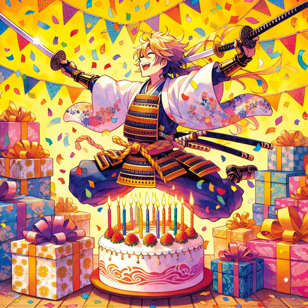 For this delightful birthday-themed artwork, imagine a fictional samurai character cheerfully dancing in the center of the scene. A myriad of colorful confetti showers down on him, reflecting a festive occasion. Surrounding this character, a beautifully adorned birthday cake topped with sword-shaped candles adorns a table, accompanied by wrapped presents covered in traditional samurai patterns. The illustration gives off a feeling of warmth and celebration, combining a vibrant birthday party's color palette with the unique aesthetics of a universe where samurais protect people from demons.
Generated with these themes: Demon Slayer, Muichiro Tokito, and Dancing.
Made with ❤️ by AI.