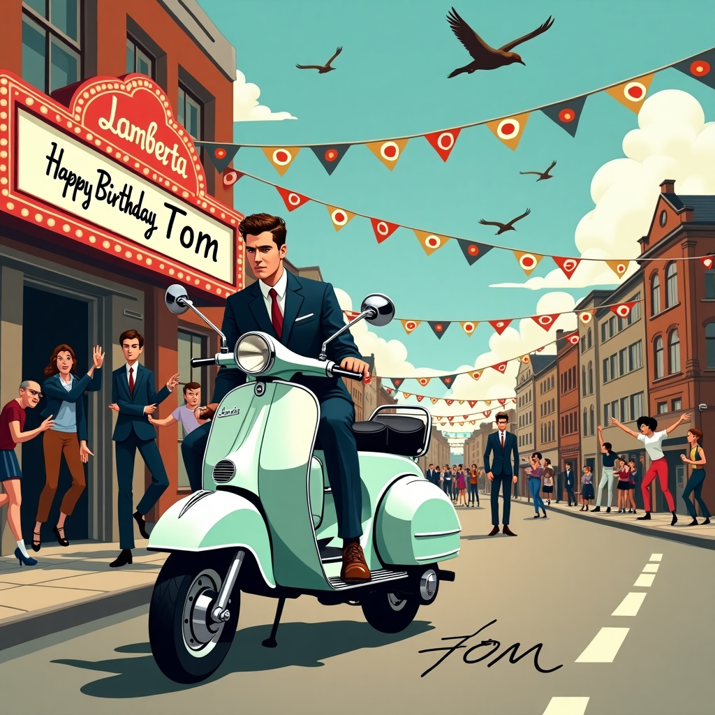 Picture a vibrant, bustling street scene frozen in the mid-1960s, where a cacophony of sights and sounds converges in an unforgettable birthday moment for "Tom." Dominating the foreground, a vintage Lambretta scooter gleams with its chrome accents, painted in the classic mod colors of crisp white and deep blue, reminiscent of a time when this scooter was the emblem of youth and rebellion. Leaning casually against the scooter is a sharply dressed Caucasian male in a tailored tonic suit, complete with a skinny tie and polished brogues, embodying the quintessential 1960s mod.

To the left, the backdrop is set with an iconic Northern Soul dance hall, its marquee proudly announcing “Happy Birthday Tom” in bold, retro typography. A lively crowd of Northern Soul dancers swirls around the scene, their moves captured mid-spin with pointed toes and jazz hands that echo the spirit of freedom and expression. One dancer, caught mid-backflip, has "Tom" etched onto the sole of his shoe, a cheeky nod to the recipient’s name.

In the sky above, fluffy cartoonish clouds drift by, and amidst them, birds form the letters "T-O-M" as if they’re spelling out a message just for him. The distant skyline is dotted with classic 1960s-style buildings, their windows twinkling with birthday wishes, while festive bunting in mod target designs stretches across the street, adding to the celebratory atmosphere. It's a lively tableau that captures the essence of the era and celebrates "Tom" with every detail intricately woven into this birthday card illustration.
Generated with these themes: Vintage lambretta scooter, 1960s mod, Northern soul dancer, and Caucasian male .
Made with ❤️ by AI.