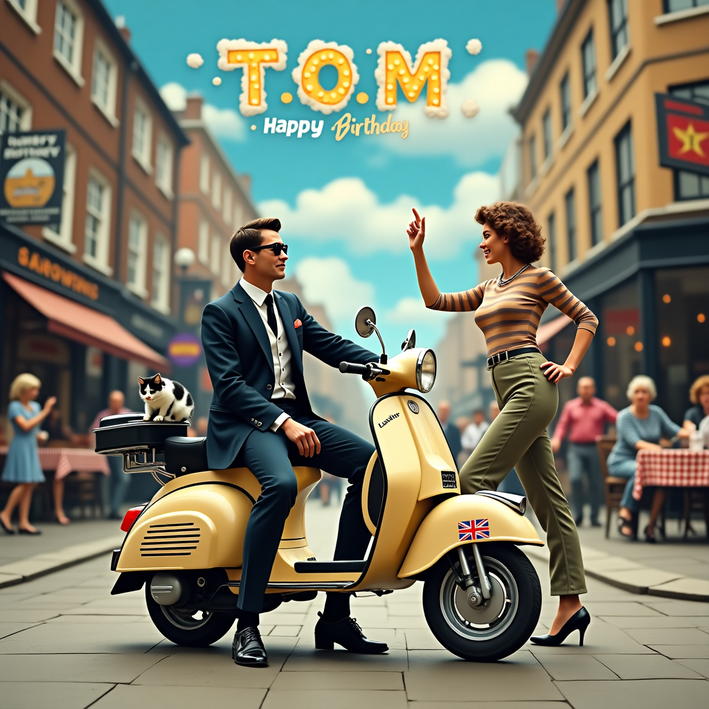 The scene unfolds on a bustling 1960s street corner that seems frozen in a snapshot from time, bursting with character and delightful anachronisms. At the forefront, a polished vintage Lambretta scooter gleams in the morning sun, its chrome accents twinkling like stars. The scooter is adorned with Union Jack decals and has a small rear-view mirror in which we can glimpse a hint of the busy street behind. Leaning casually against the scooter is a Caucasian male, dressed to the nines in classic mod fashion—a sharply tailored suit with narrow lapels, thin tie, and a pair of stylish Chelsea boots. His hair is a perfectly sculpted mod cut, neatly slicked back, and he sports a pair of dark round sunglasses that add to his cool demeanor.

To the side, a vibrant Northern Soul dancer is captured mid-spin, their feet a blur beneath wide-legged trousers. The dancer's arms are gracefully extended, fingers splayed out, capturing the joyous essence of movement and rhythm. A nearby record player, with its needle poised over a spinning vinyl, suggests the source of the infectious beat. 

In the background, shopfronts display retro advertisements, and a quaint café with checkered tablecloths has patrons enjoying their morning coffees. Above this lively tableau, fluffy clouds drift lazily across a cerulean sky. Cleverly, one of the clouds forms the letters "T-O-M," with "Happy Birthday" trailing behind in smaller cloud puffs, whimsically written across the sky as if the breeze itself decided to celebrate.

Adding to the narrative, a black and white cat with an inquisitive gaze is perched on the scooter's seat, a hint of mischief in its eyes as if it’s about to hitch a ride. The street is dotted with people clad in sixties attire—women in A-line dresses and men in striped shirts—each a nod to the cultural vibrancy of the era. This scene, rich in detail and bustling with life, is a birthday celebration truly fit for "Tom," captured in a moment that’s both timeless and joyfully nostalgic.
Generated with these themes: Vintage lambretta scooter, 1960s mod, Northern soul dancer, and Caucasian male .
Made with ❤️ by AI.