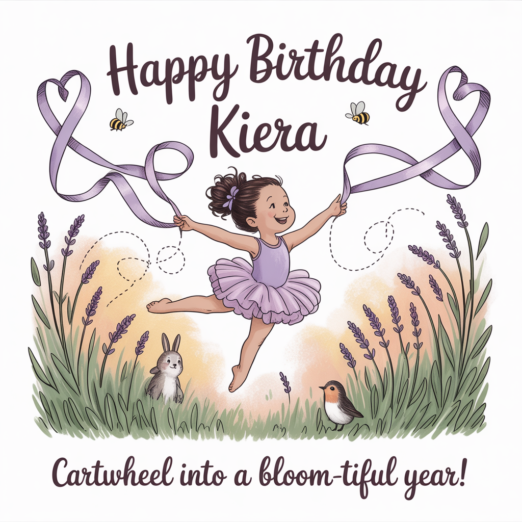 At the top of the Illustration Style image, "Happy Birthday Kiera"

At the bottom of the image, "Cartwheel into a bloom-tiful year!"

A cute, hand-drawn illustration: a joyful young gymnast-dancer in a soft-lavender leotard and fluttery tutu performs a mid-air split leap over a sunlit lavender meadow, twirling a long satin ribbon that loops into heart shapes and gently frames the headline and punchline. Fine linework outlines, textured brush strokes on the lavender sprigs, with tiny bees and butterflies tracing dotted dance paths through warm golden light. Balanced composition: the ribbon arcs guide the eye top-to-bottom, with soft peach-and-cream sky, sage-green stems, and pops of lilac and blush. A small bunny and a robin mimic tiny dance poses near the foreground for extra charm. Hand-letter the headline in playful brush script (dusky violet) interwoven with small lavender sprigs; set the punchline on a soft lilac ribbon banner or clean baseline with crisp white lettering. Warm, expressive color palette, watercolor paper texture, no other text.
Generated with these themes: Lavender, nature, gymnastics, dancing, and .
Made with ❤️ by AI.