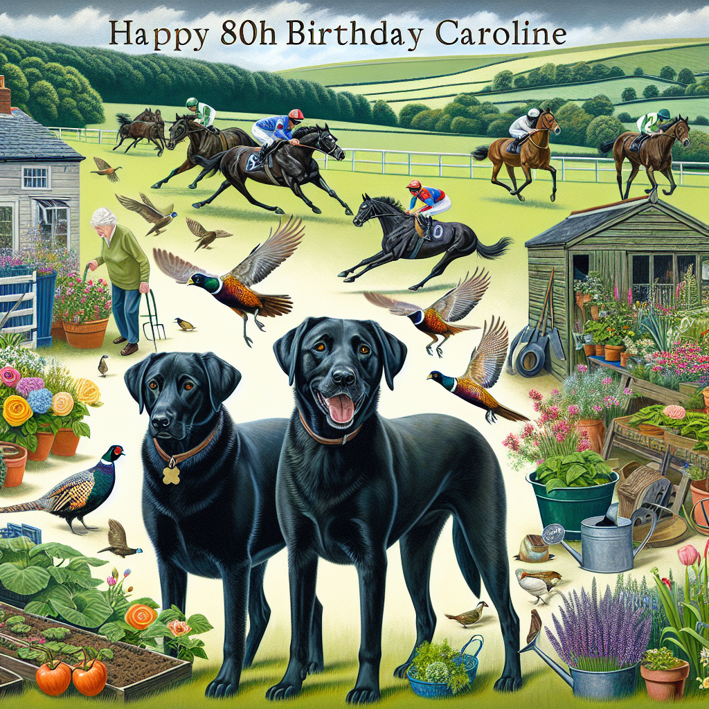 Create a rural image filled with bucolic joy, featuring two happy black Labradors playing in the foreground. In the background, portray an intense scene of horses racing, which stands in contrast with the calm countryside. Depict rolling green hills adorned with indications of a gardening hobby; manicured flower beds, a vibrant vegetable garden, and a homely garden shed should be included. Intersperse a few pheasants in the sky, adding an element of wild elegance. Above all this, ensure to display the phrase 'Happy 80th Birthday Caroline' in friendly and bold letters, embodying a warm tribute.
Generated with these themes: 2 black Labradors, Horse racing, Countryside , Gardening , Pheasants , and Happy 80th Birthday Caroline .
Made with ❤️ by AI.
