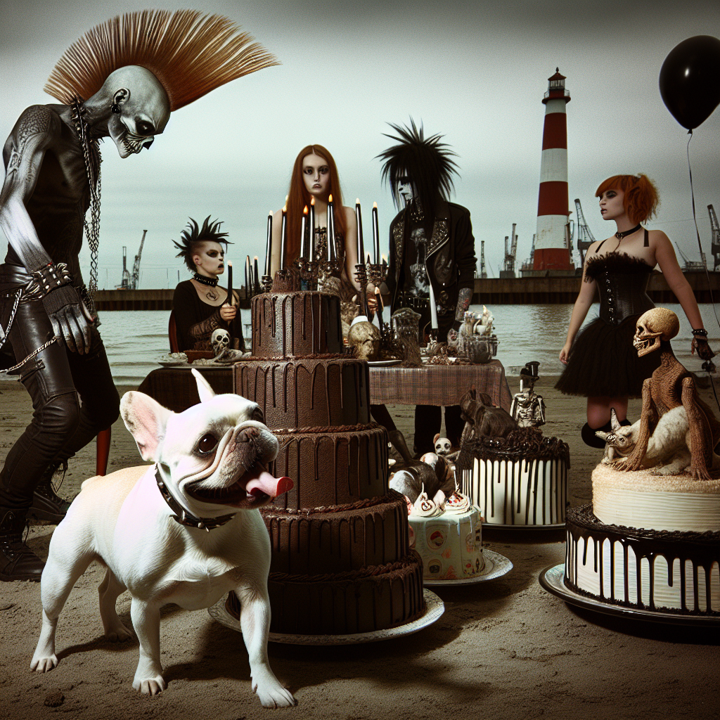 French bulldog called charlie, Horror, Seaside, Weird Birthday Desserts, 9th august 1989, Tall skinny ginger metalhead man with a mohawk in a rammstein hoodie, and Pretty young brunette goth girl Birthday Card