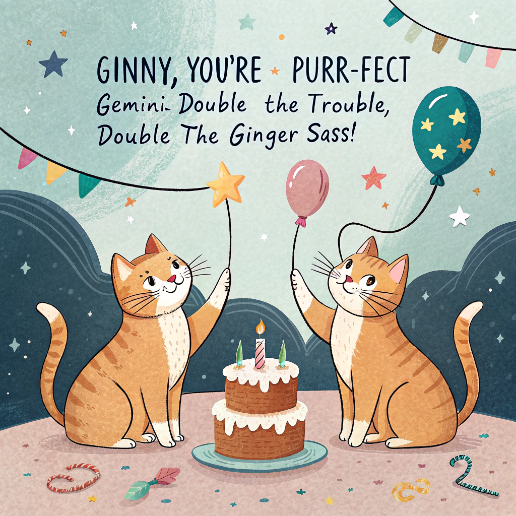 At the top of the image, "Ginny, you're the purr-fect Gemini—double the trouble, double the ginger sass!"

- The image features a realistic photograph of two nearly identical ginger cats lounging in classic Gemini mirror pose—facing each other like a celestial twin zodiac emblem.
- One cat is wearing a tiny party hat and batting at a balloon string, while the other is stretched dramatically across a birthday cake, as if posing for attention.
- Confetti is scattered across the scene, and in the background is a small "Gemini Season" banner.
- A birthday card from "the stars" sits propped up nearby with little claw marks in it, suggesting one of the cats had an early peek.
Generated with these themes: Two ginger cats, and Gemini.
Made with ❤️ by AI.