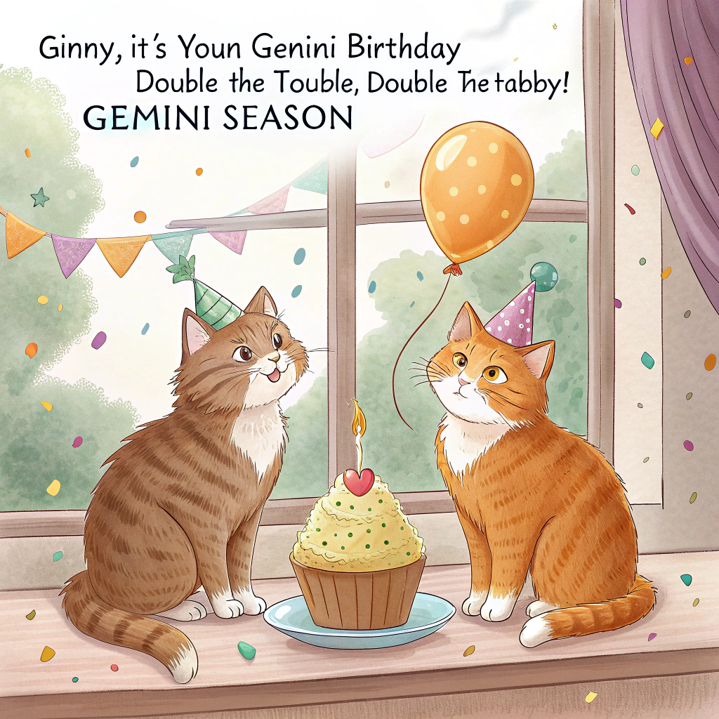 Two ginger cats, and Gemini Birthday Card