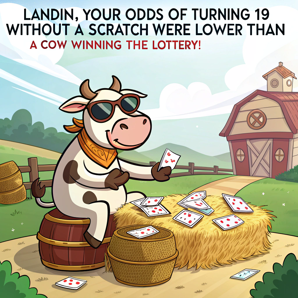 At the top of the image, "Landin, your odds of turning 19 without a scratch were lower than a cow winning the lottery!"

– In the center of the image, depict a lively cartoon farm scene where animals are humorously involved in gambling. A cow is sitting at a makeshift poker table made of hay bales, wearing sunglasses and mooing confidently, holding playing cards in its hooves. Nearby, a sheep frantically scratches off a giant novelty lottery ticket labeled “Baa-zillionaire Scratch-Off.” A chicken serves as the dealer, tossing corn kernels as poker chips. Landin, as a cartoon character with a party hat, looks hilariously nervous standing by a wishing well labeled "Luck Bucket," clutching a losing scratch ticket while confetti falls around him.

– At the bottom of the image, add: "May your 19th be udderly unforgettable — and way luckier than your last scratch-off!"
Generated with these themes: Gambling , Lottery , Scratch Ticket, 19 , Funny , Farm , and Gamble.
Made with ❤️ by AI.