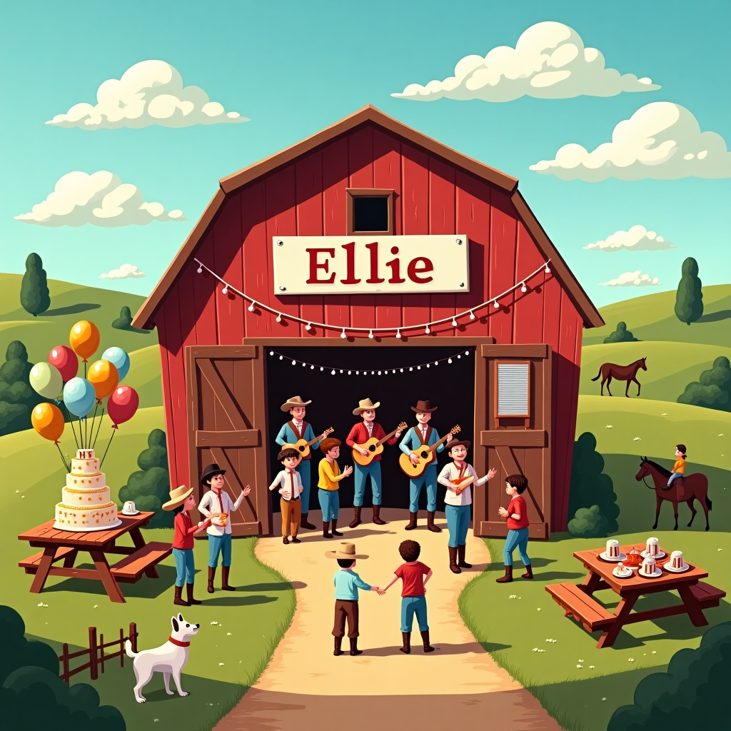 The scene is set in a charming, rustic barn nestled amidst rolling green hills, where a lively birthday party is in full swing. The barn, painted a cheerful red, stands proudly with its large double doors wide open, revealing a vibrant celebration inside. Strings of twinkling fairy lights are draped across the wooden beams, casting a warm glow over the scene. In the center of the barn, a stage is set up where a country band dressed in classic denim and cowboy boots is playing spirited tunes on fiddles, guitars, and a banjo, with an old-fashioned washboard providing a quirky percussive beat.

Ellie's name is prominently displayed above the stage on a colorful banner, reading "Happy Birthday, Ellie!" in bold, playful letters. The banner is flanked by clusters of balloons in shades of gold, turquoise, and cream. Nearby, a dance floor is filled with people clapping and two-stepping to the music, wearing cowboy hats and bandanas. A friendly border collie, wearing a tiny cowboy hat, watches the dancers with interest from the side.

Outside the barn, there's a long wooden picnic table laden with a feast of southern delights: corn on the cob, a steaming pot of chili, and a towering cake decorated with fondant boots and musical notes. The cake topper is a tiny edible guitar with "Ellie" inscribed in icing along its neck. Nearby, a group of children are gleefully trying their hand at a ring toss game, aiming at a series of cowboy hats set up on fence posts.

The sky above the barn is a brilliant azure, with fluffy clouds that seem to magically form the letters of Ellie's name, casting soft shadows over the cheerful scene below. In the distance, a silhouette of a horse and rider can be seen ambling across the pasture, adding a perfect touch of country flair to this lively birthday bash.
Generated with these themes: Country music.
Made with ❤️ by AI.