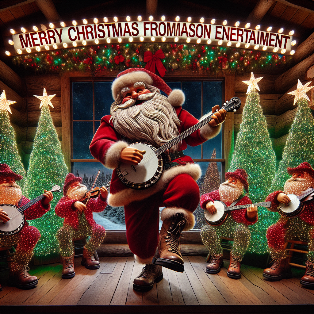 The delightful scene presents a country Christmas concert in full swing, where a group of animated Christmas trees is playing banjos and fiddles. A jolly St. Nicholas is tapping his boots as the conductor. The background features a rustic wooden cabin with a roaring fire visible through the window, surrounded by a landscape of twinkling Christmas lights. Overhead, the greeting 'Merry Christmas from Mason Entertainment' is illuminated by a string of star-shaped lights.
Generated with these themes: Entertainment / Music / Country .
Made with ❤️ by AI.