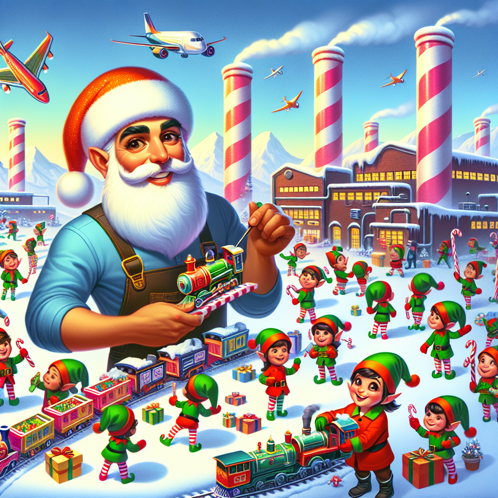 A whimsical Christmas illustration depicts a snowy factory setting with elves wearing engineering hard hats, busily crafting toy trains and airplanes. The background is filled with candy-cane-striped smokestacks and a jolly Santa overseeing the operations, adding aeronautical and railway elements to their festive designs.
Generated with these themes: Factory, Aeronautical, Railway, Working, and Engineering.
Made with ❤️ by AI.