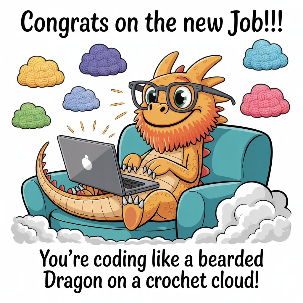 Bearded dragon, coding, sofa, laptop, clouds, crochet, and Congratulations Card